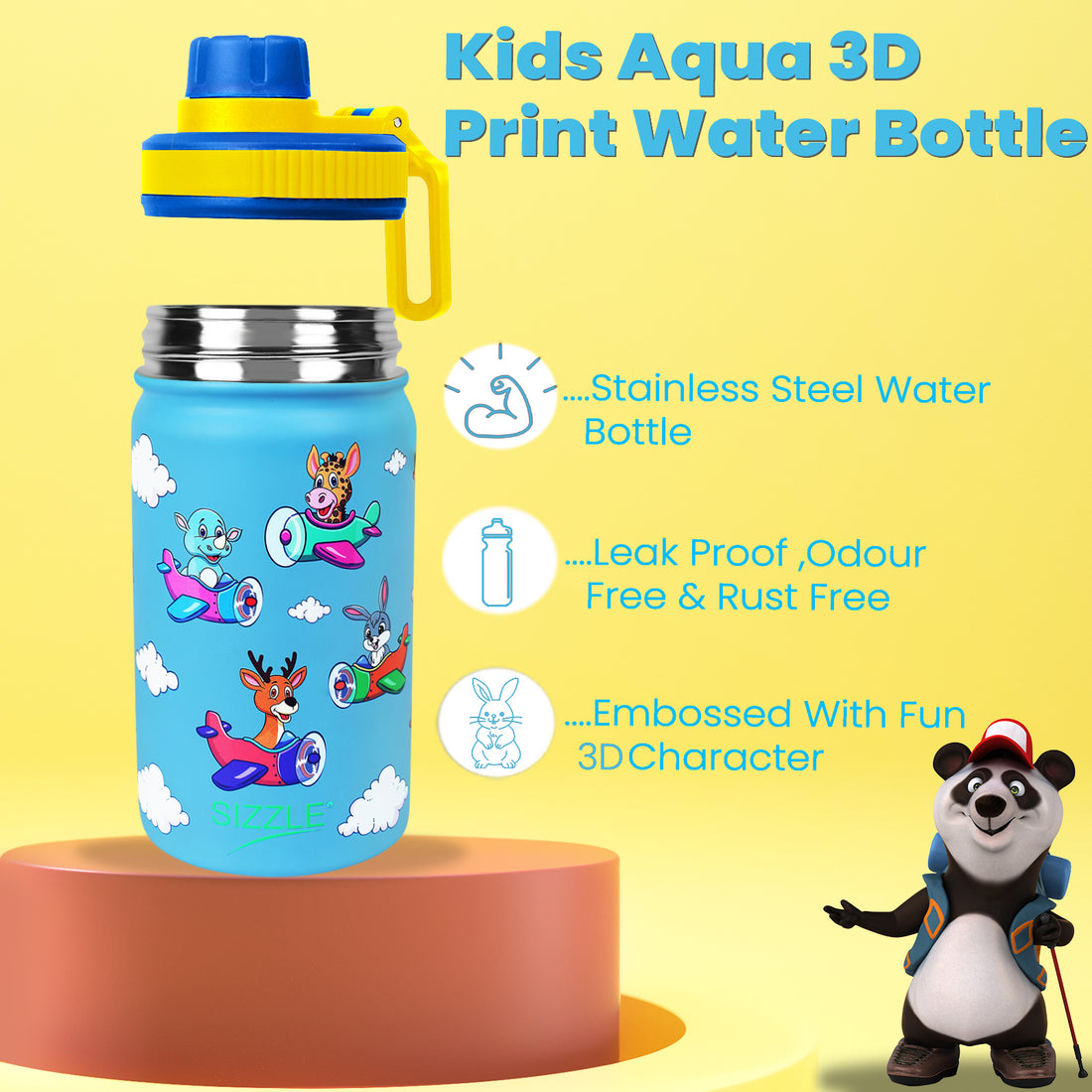 Aqua 3D Stainless Steel Water Bottle - 500ml - Single Wall
