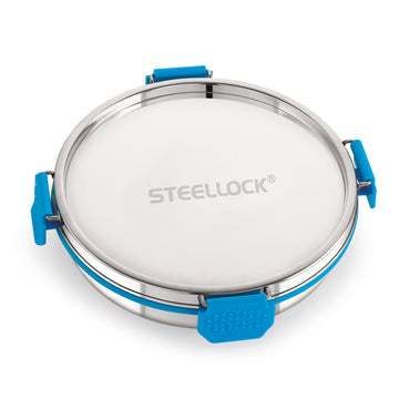 A round stainless steel Steellock Pro container with a blue silicone seal and lid.
