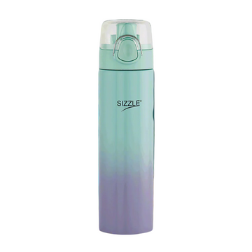 A purple and green colored stainless steel water bottle with a press button mechanism and the brand 'Sizzle' printed on it.