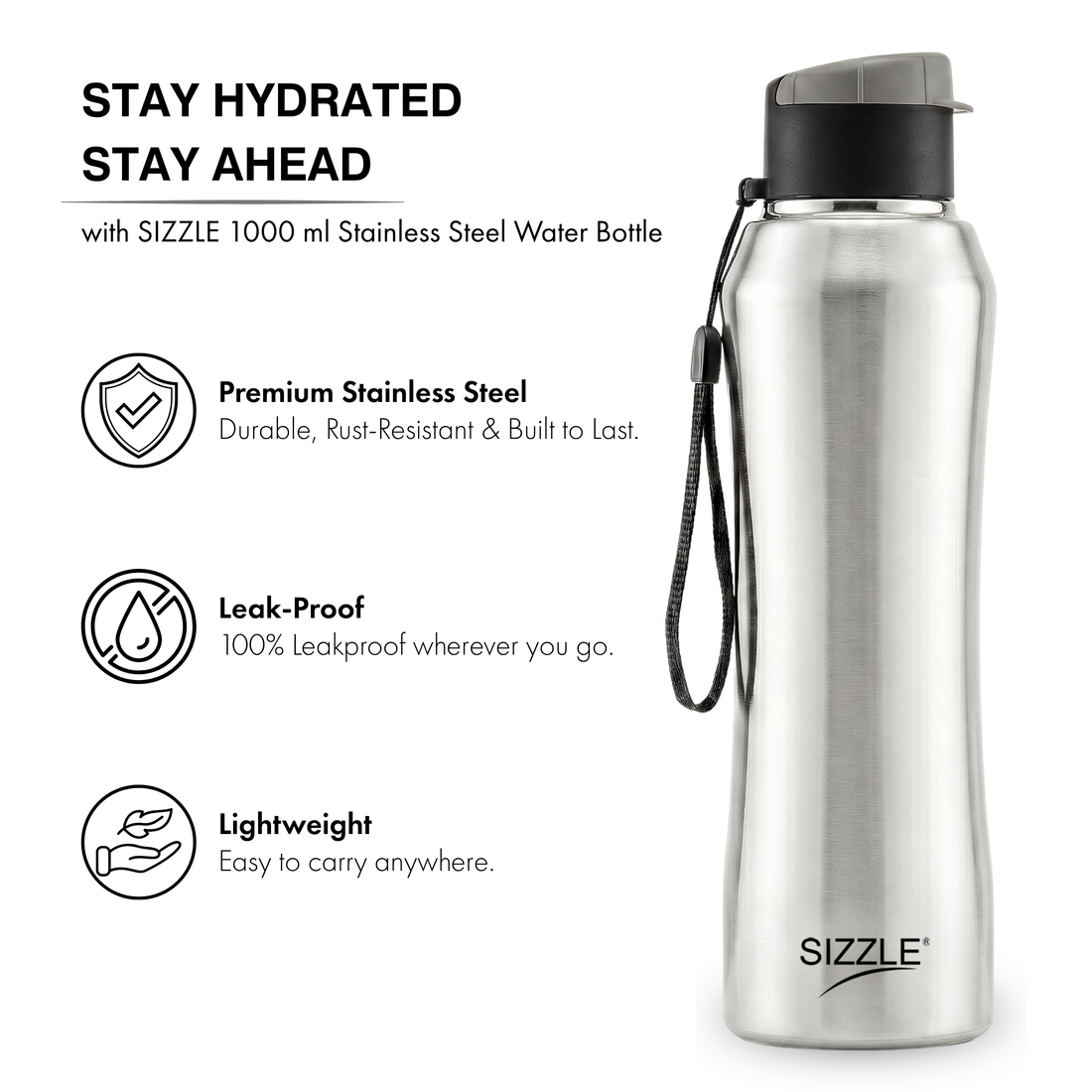 Trekker Stainless Steel Water Bottle - 1000ml- Single Wall