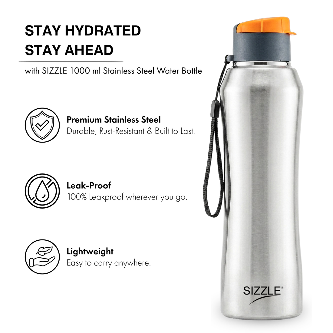 Trekker Stainless Steel Water Bottle - 1000ml- Single Wall