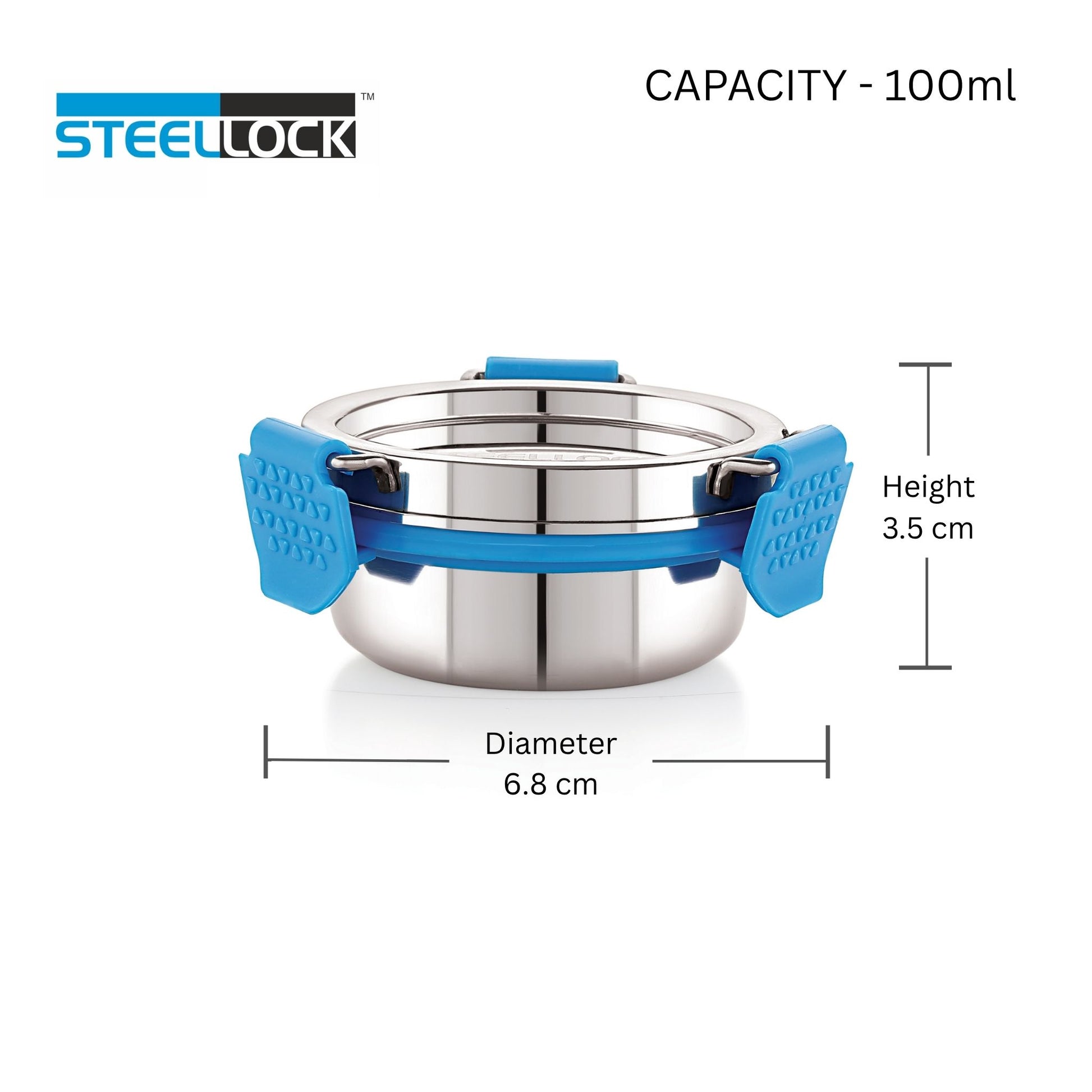 Stainless steel container with blue handles and Steellock branding, showing dimensions