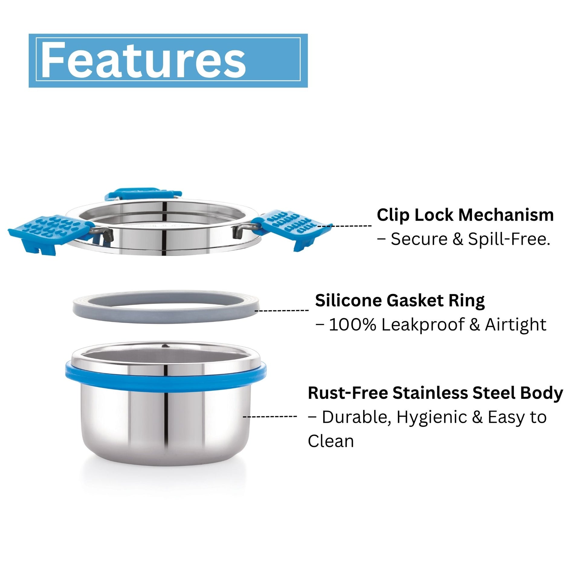Stainless steel container with features highlighted