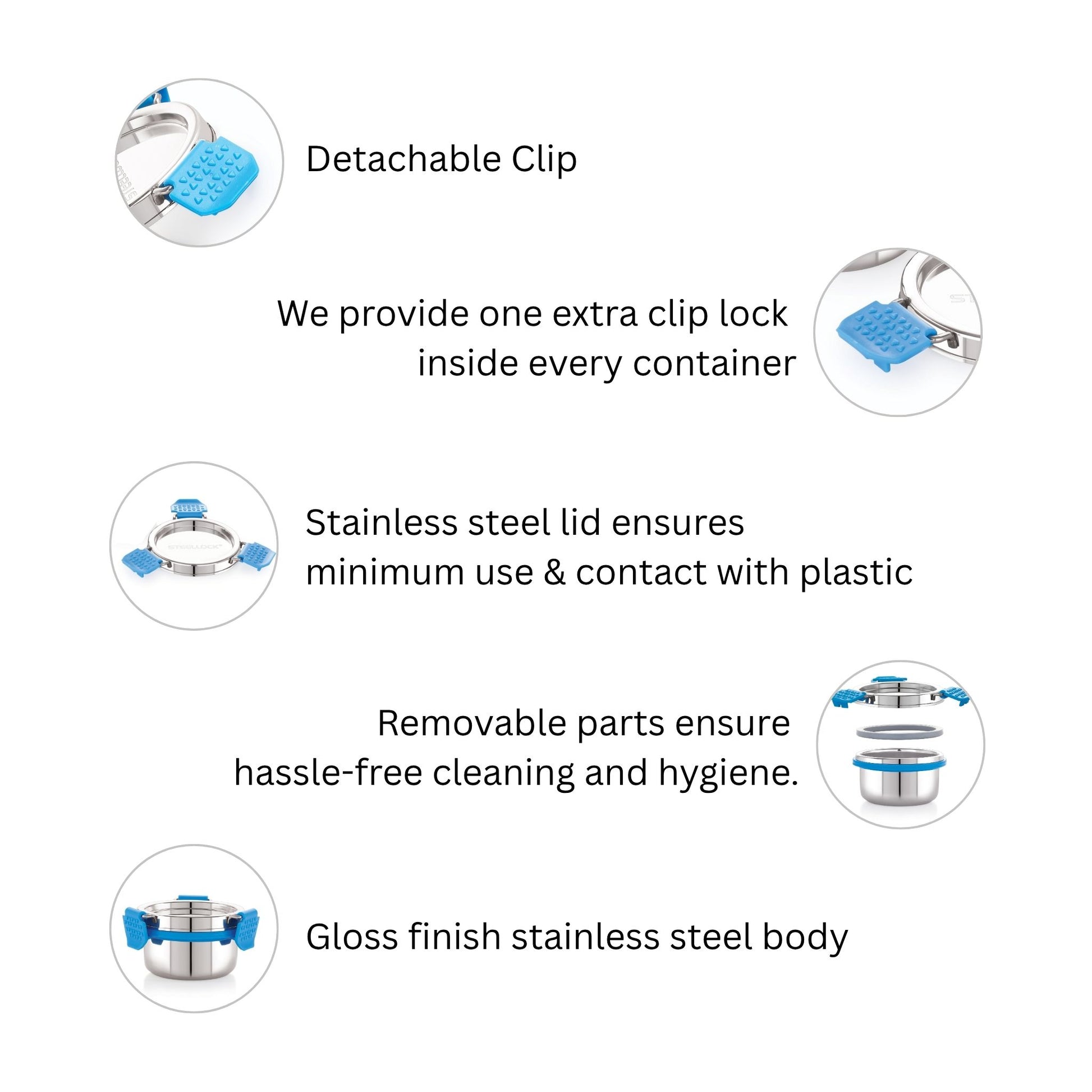 Product features with detachable clip, stainless steel lid, removable parts, and gloss finish