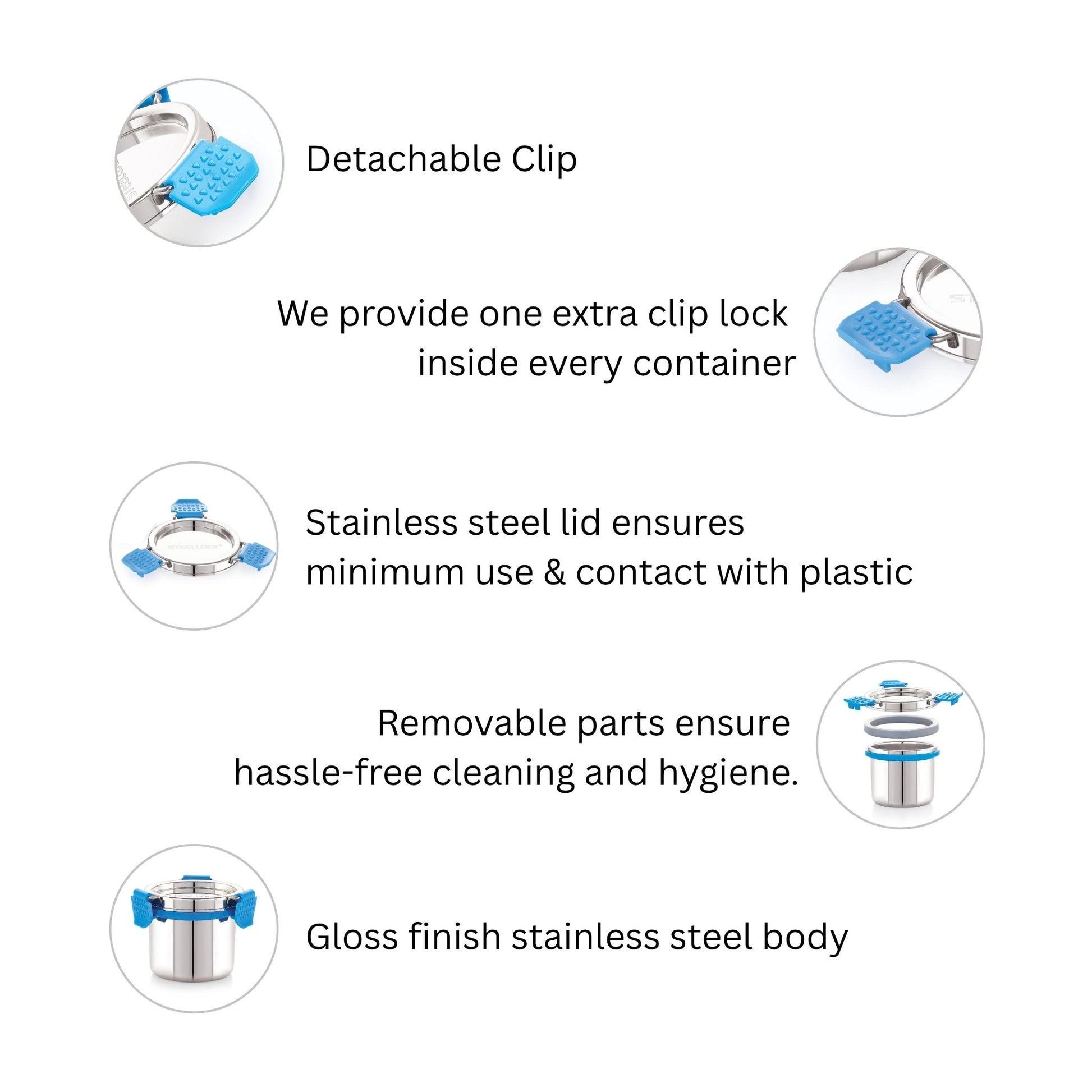 Product features with detachable clip, stainless steel lid, removable parts, and gloss finish