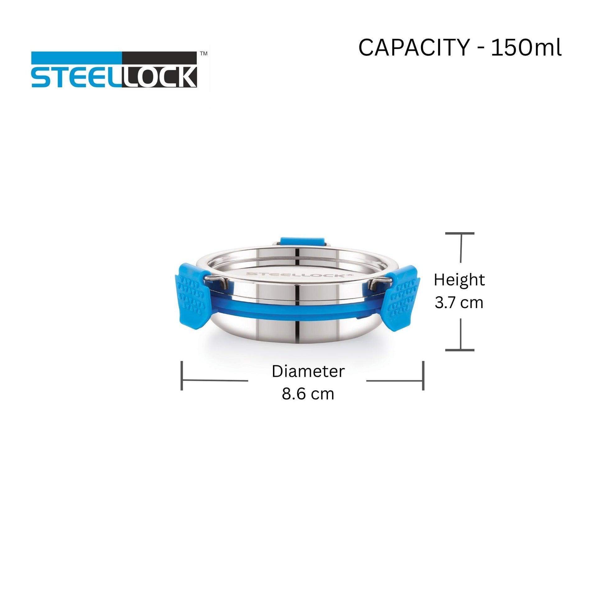 Stainless steel container with blue straps and Steellock branding, showing dimensions on a white background.