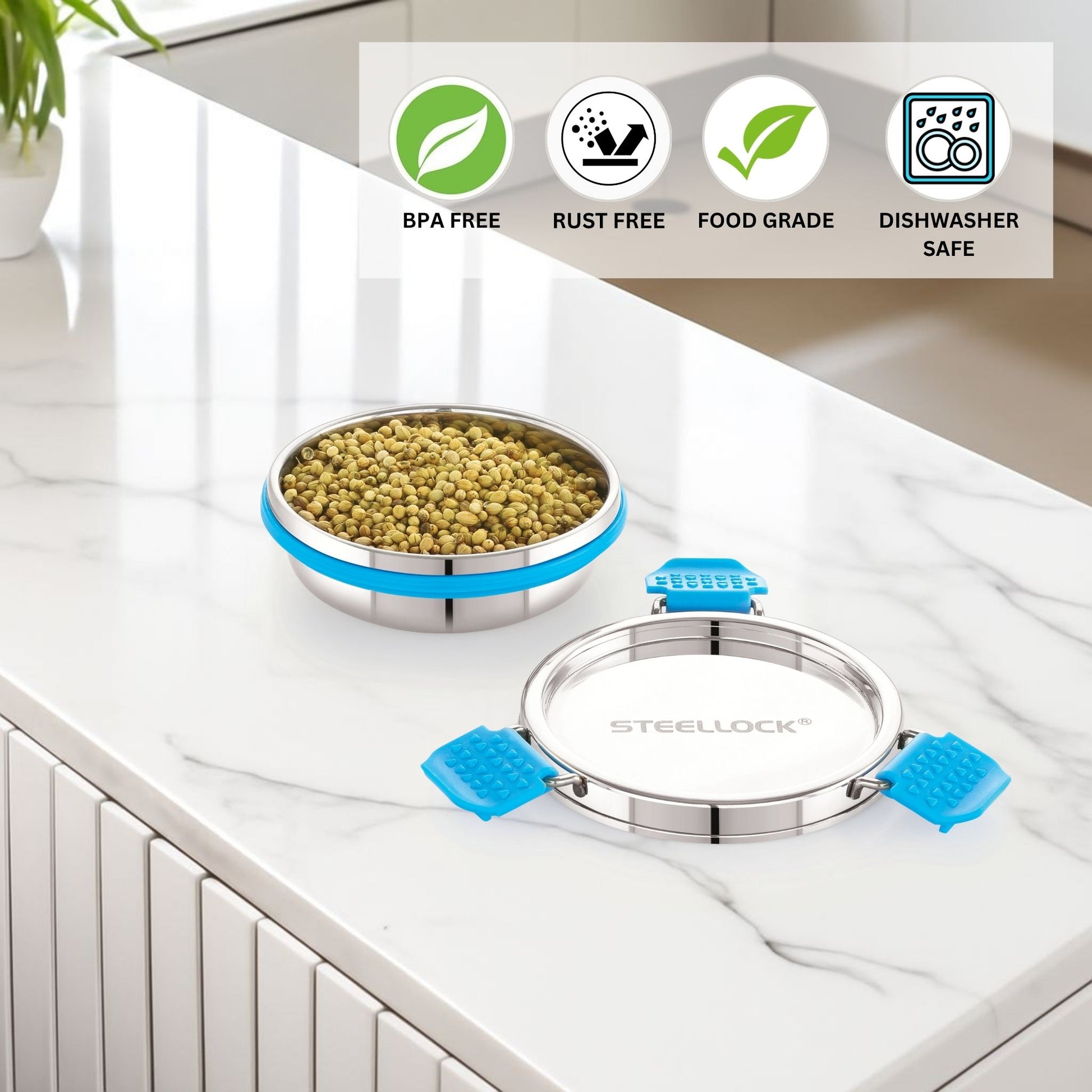 Stainless steel food storage container with blue lids on a kitchen counter, featuring BPA-free, rust-free, food-grade, and dishwasher safe