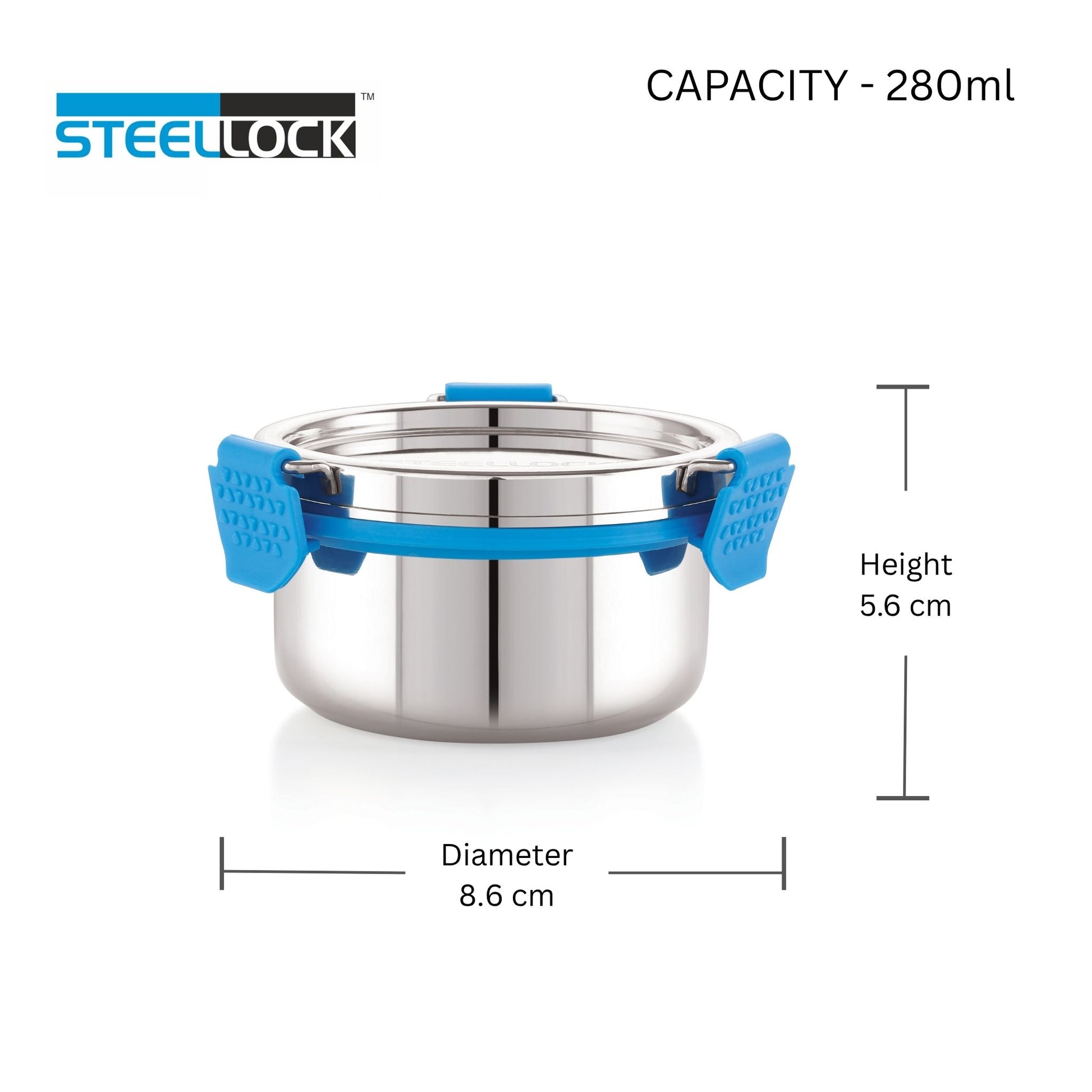 Stainless steel container with blue handles and Steellock branding, showing capacity and dimensions.