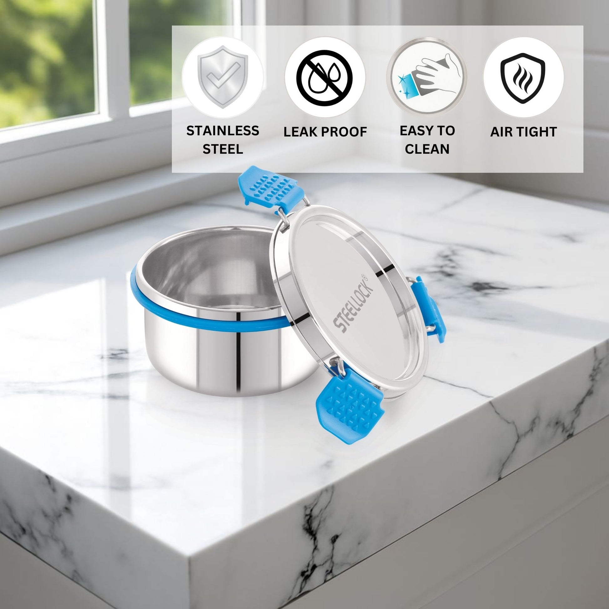 Stainless steel container with blue clips on a marble surface, featuring product features.