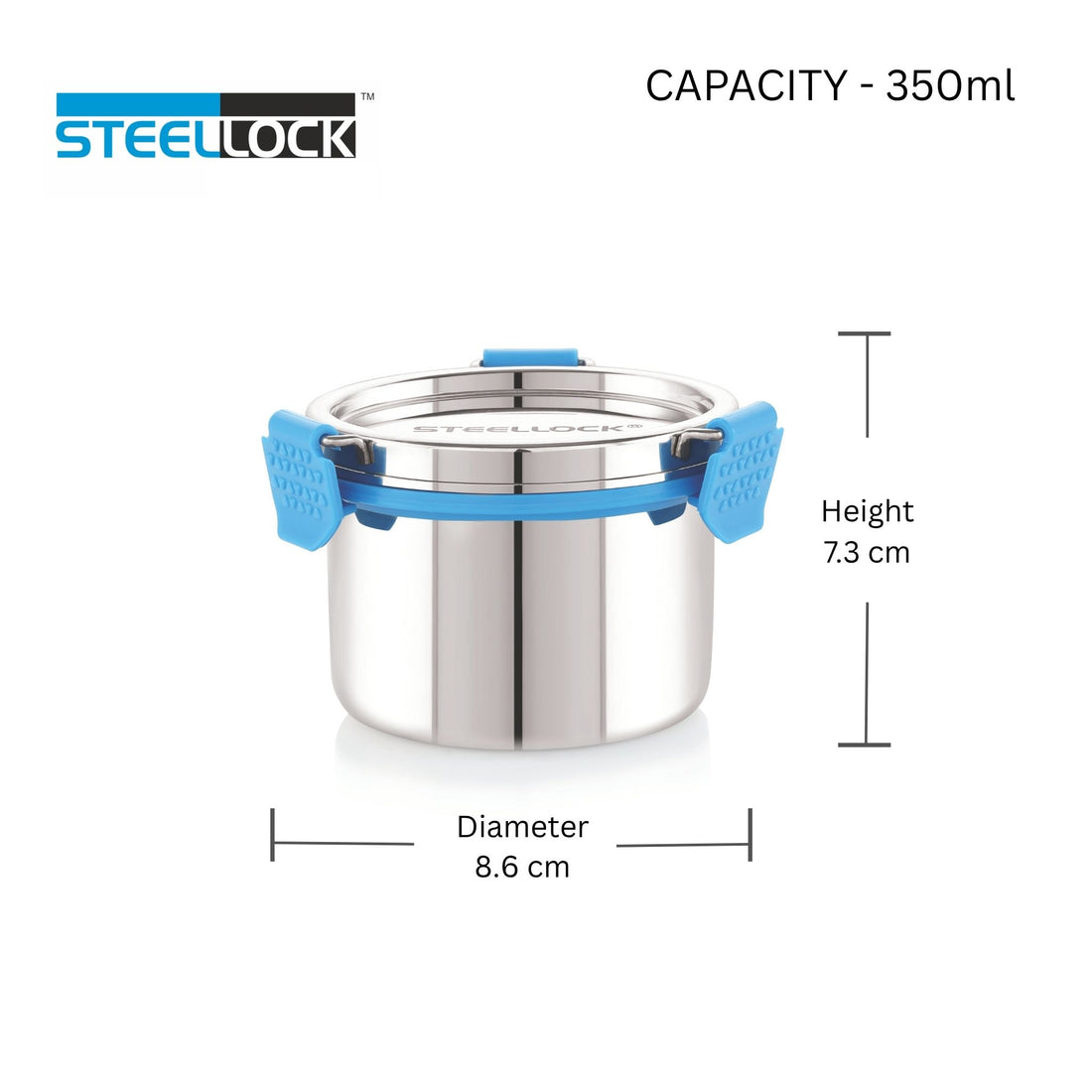A stainless steel Steellock Pro container with a blue silicone seal lid, airtight Steellock branding on the top, and a steel lid with a blue Clip lock on the side