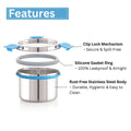 Stainless steel container with features highlighted on a white background