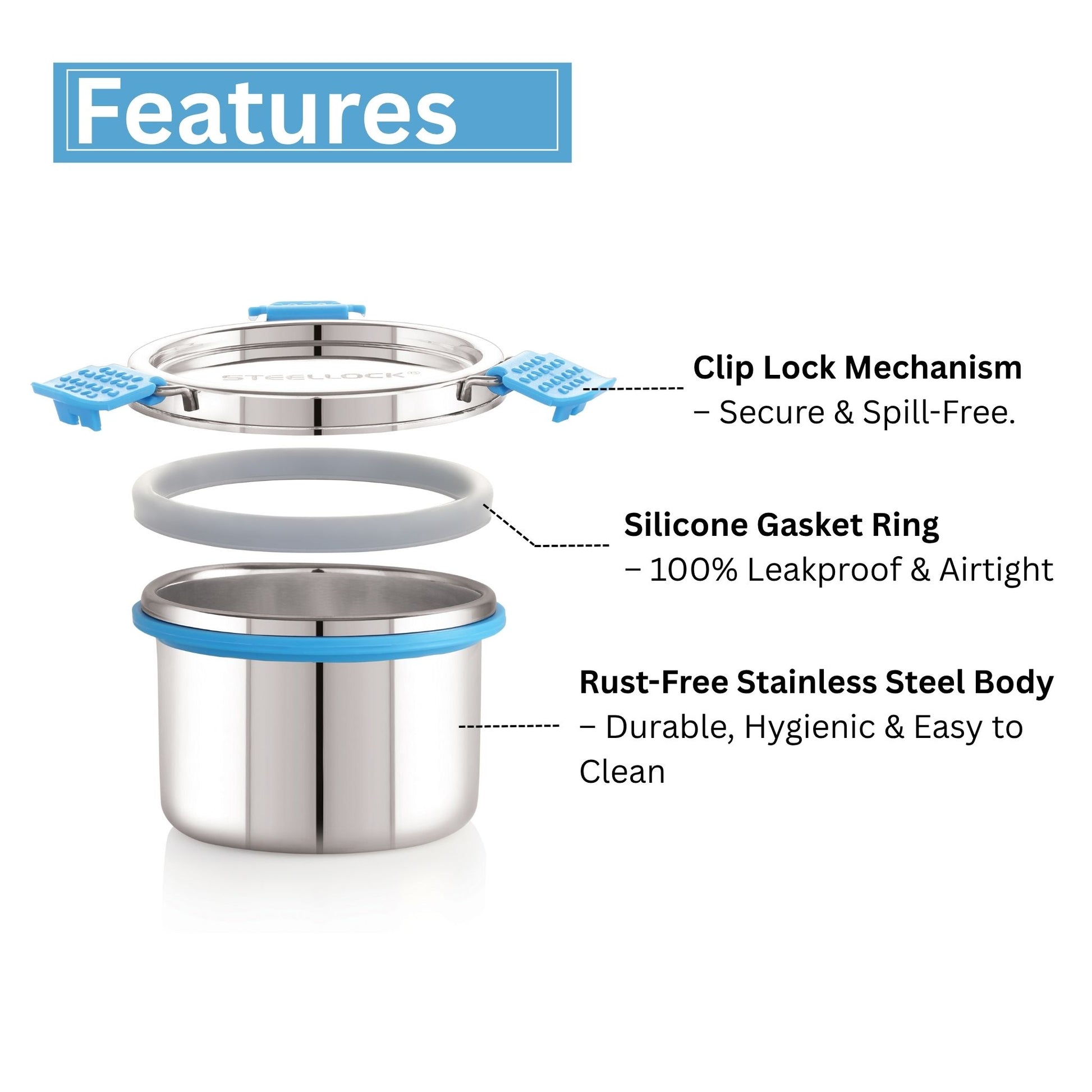 Stainless steel container with features highlighted on a white background