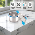 Stainless steel food container with blue accents on a marble surface, featuring icons for stainless steel, leak proof, easy to clean, and air tight.