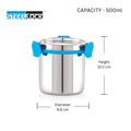 Stainless steel container with blue handles and Steellock branding, showing dimensions on a white background.