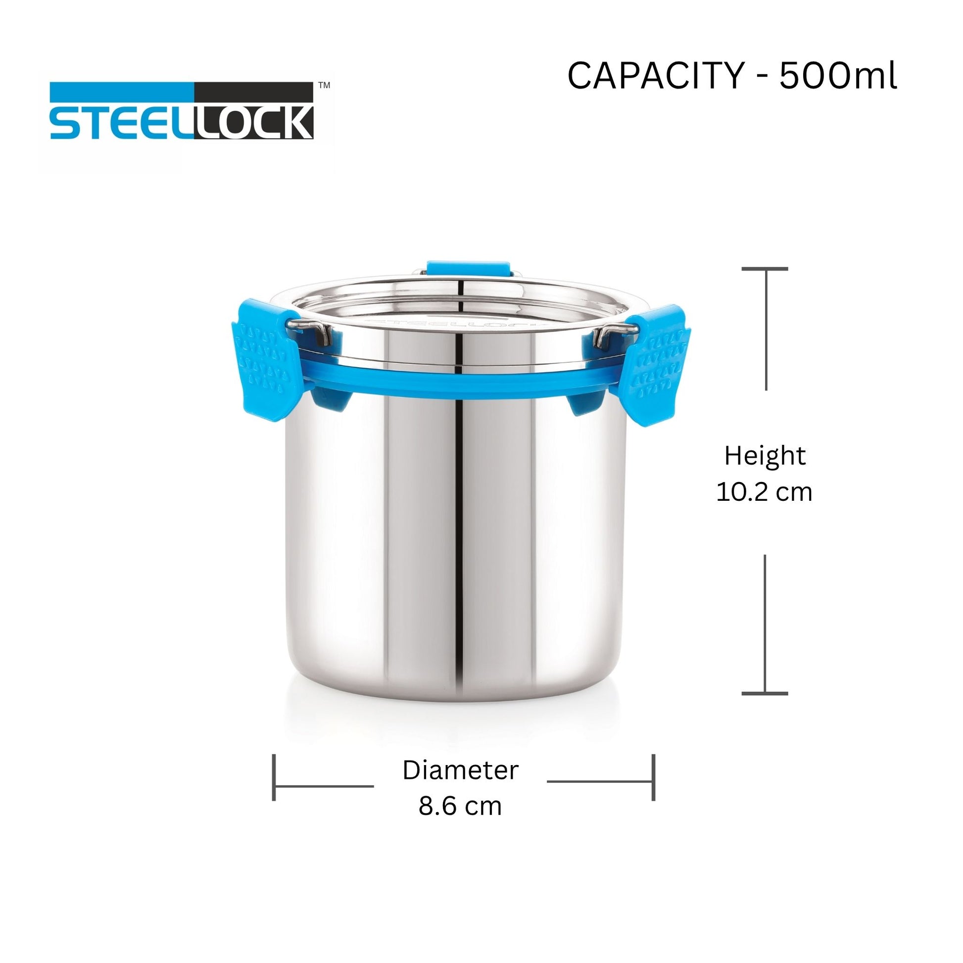 Stainless steel container with blue handles and Steellock branding, showing dimensions on a white background.