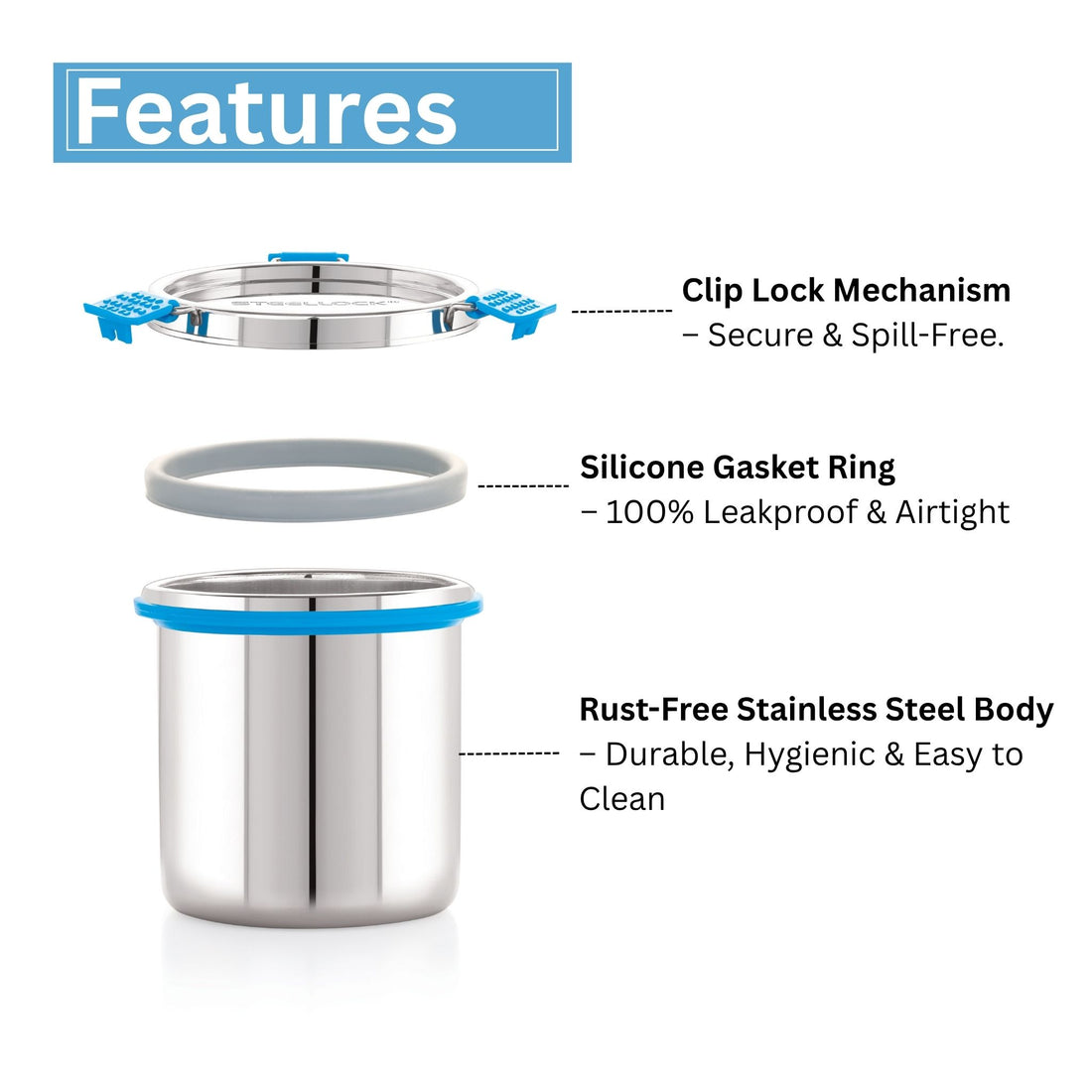 A stainless steel Steellock Pro container with a blue silicone seal lid, airtight design, displayed on a white background.