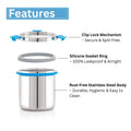 Stainless steel container with features highlighted on a white background