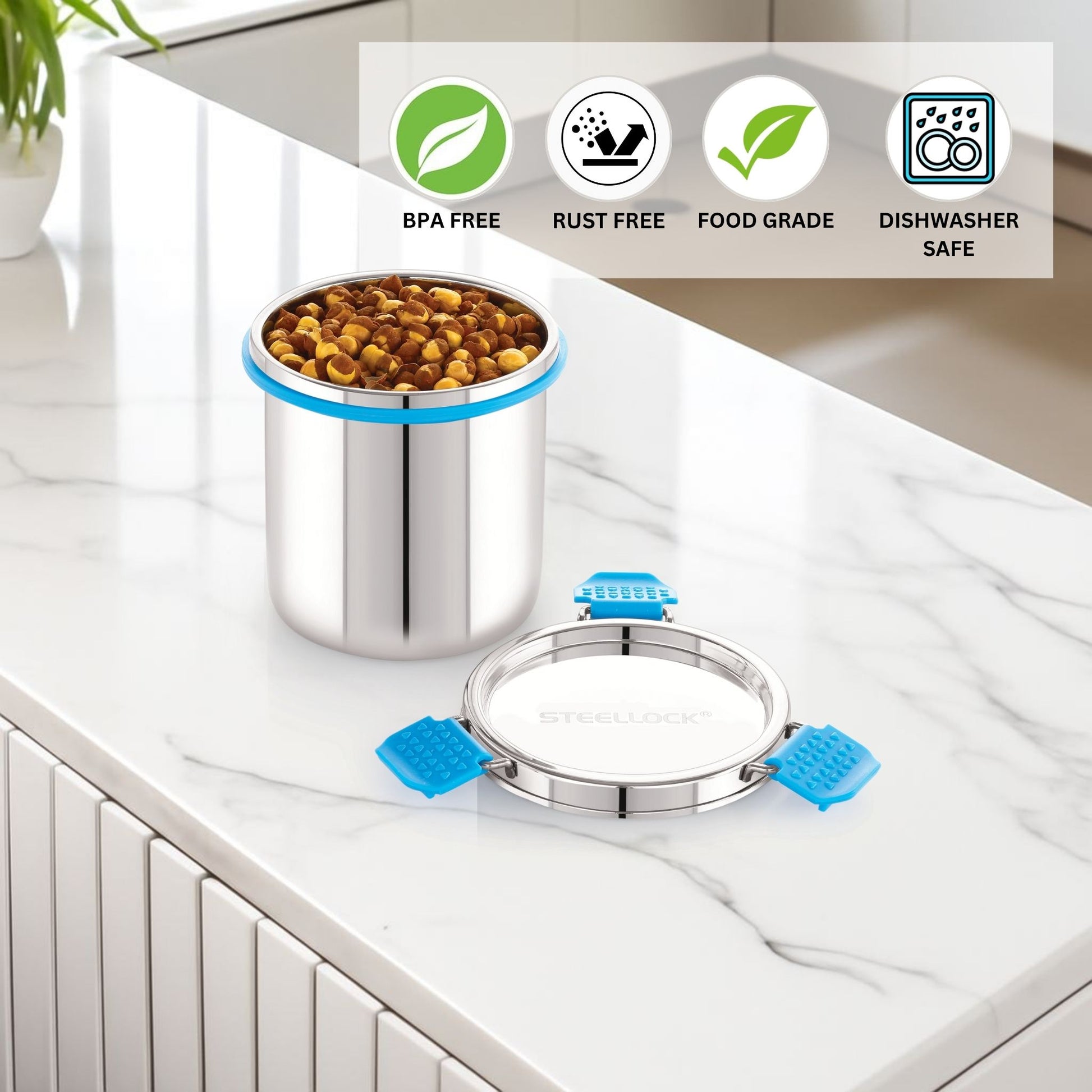 Stainless steel pet food container with blue accents on a kitchen counter, featuring BPA-free, rust-free, food-grade, and dishwasher-safe icons.