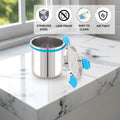 Stainless steel container with blue accents on a marble surface, featuring icons and text about material properties.