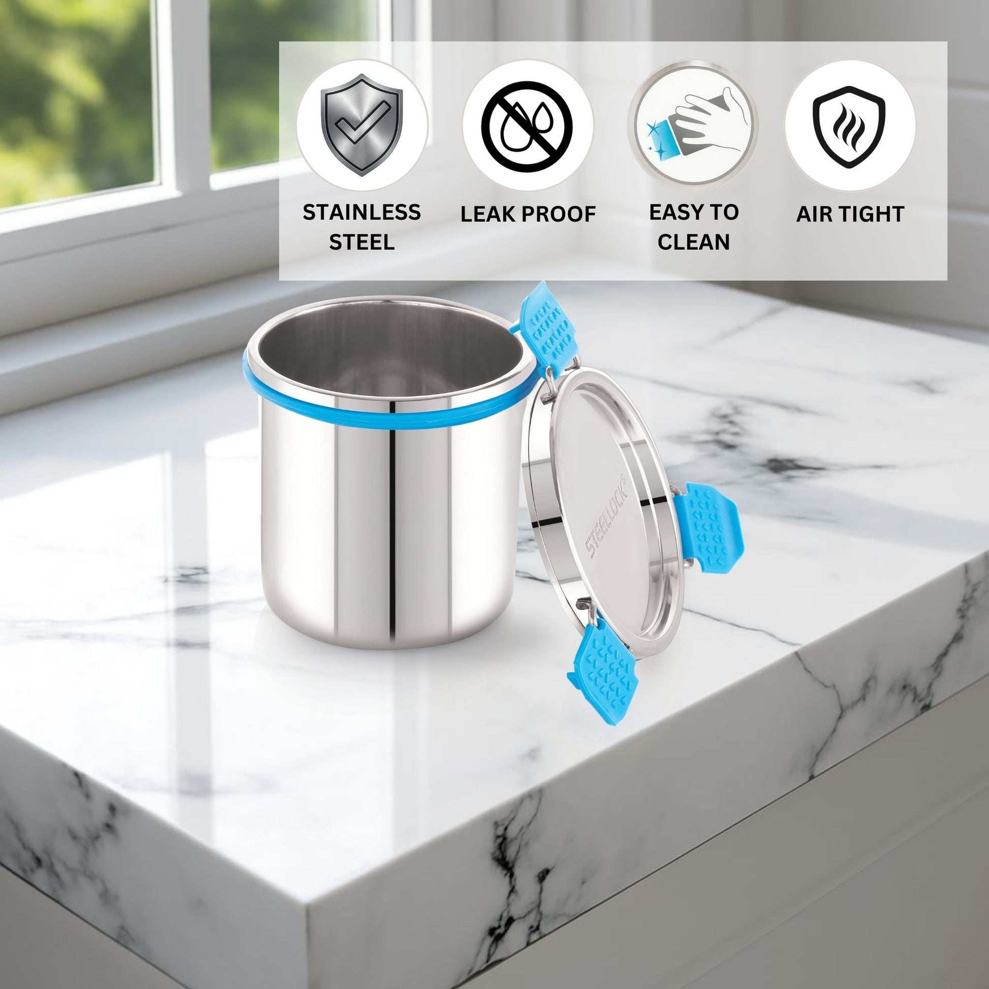 Stainless steel container with blue accents on a marble surface, featuring icons and text about material properties.