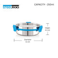 Stainless steel container with blue handles and Steellock branding, showing capacity and dimensions.