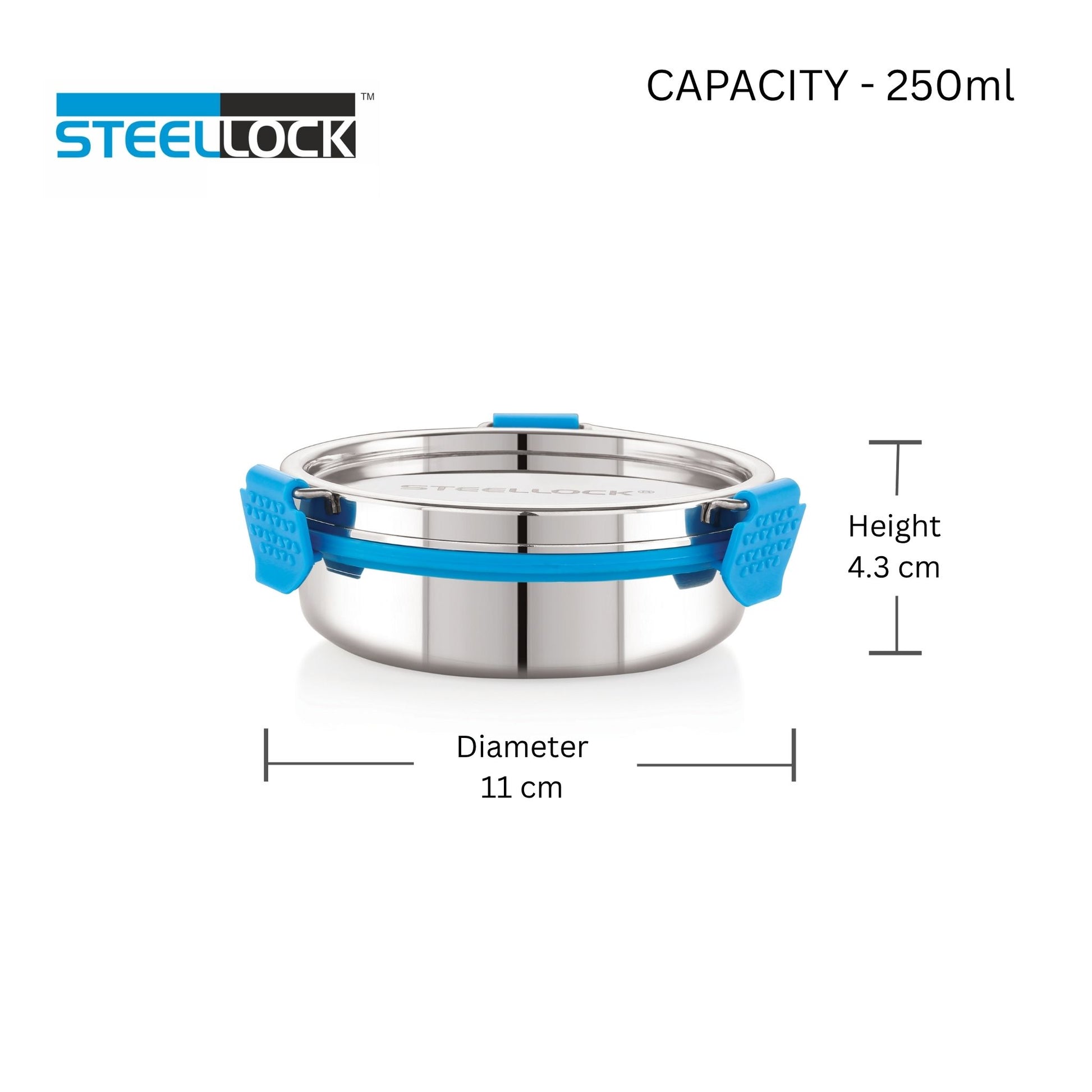 Stainless steel container with blue handles and Steellock branding, showing capacity and dimensions.