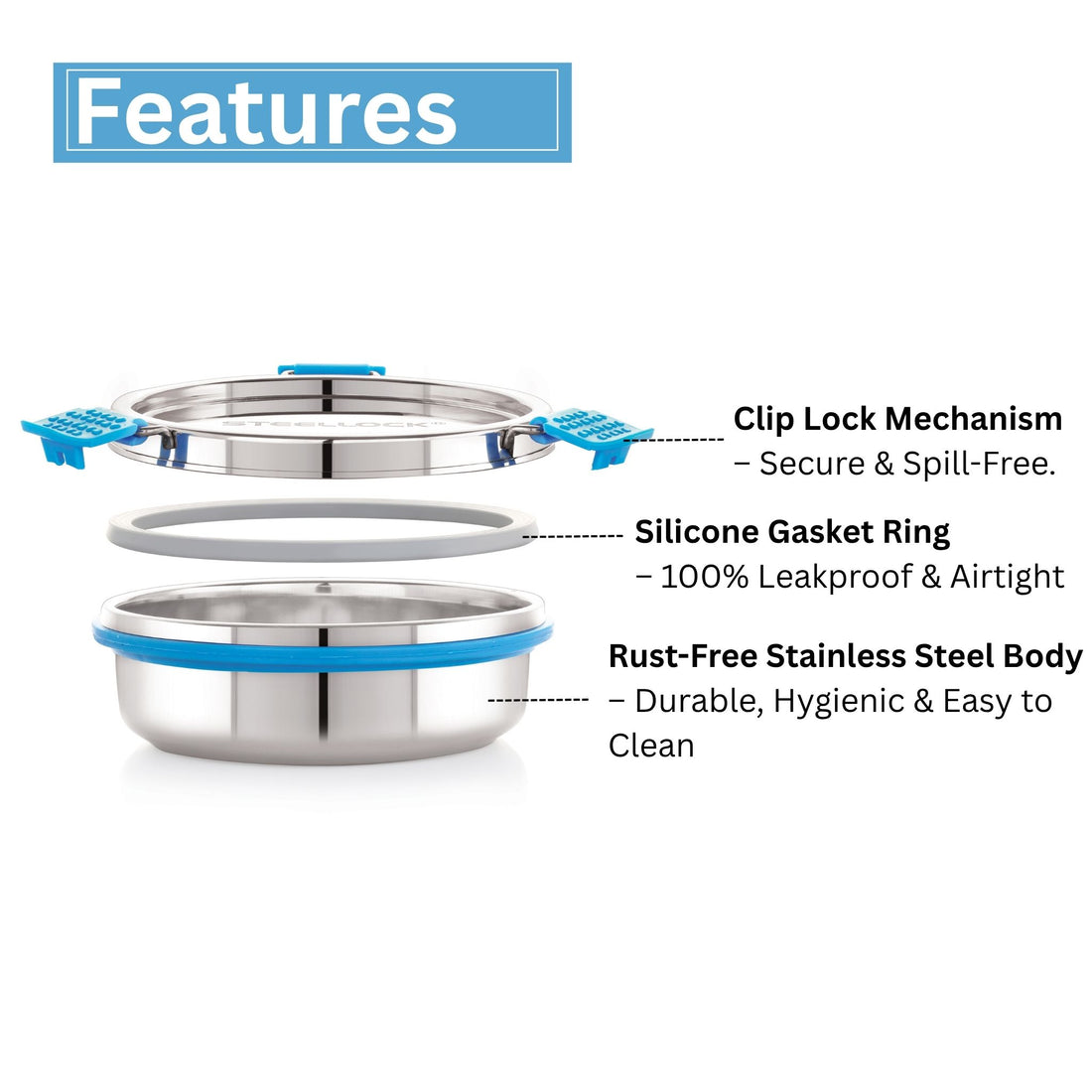 A stainless steel Steellock Pro airtight container with a blue silicone seal and a transparent lid.