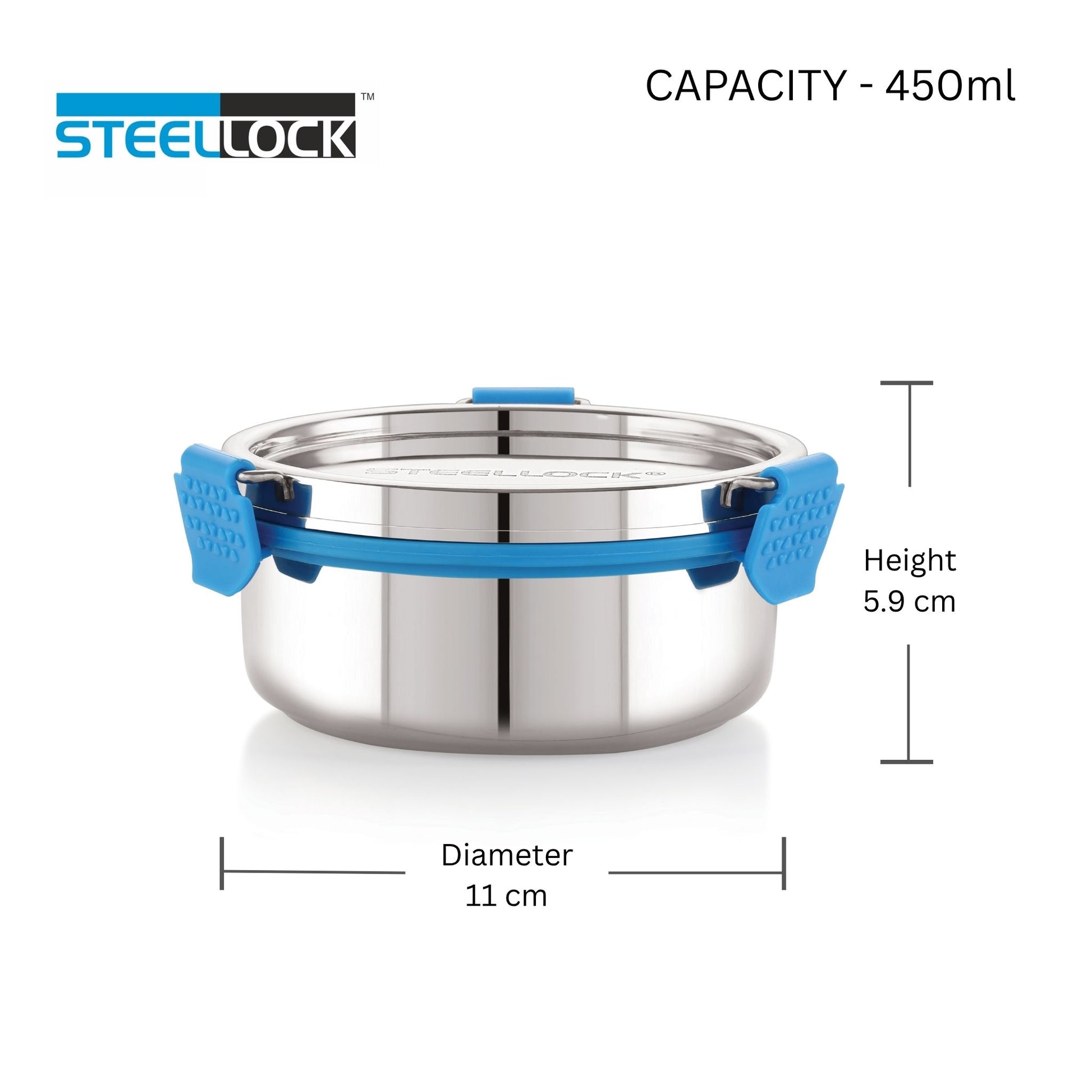 Stainless steel container with blue handles and Steellock branding, showing capacity and dimensions.