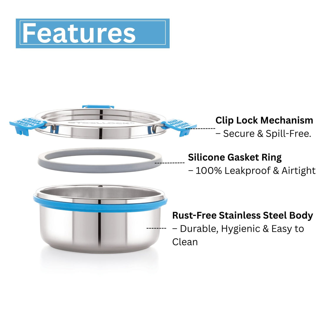 A stainless steel Steellock Pro airtight container