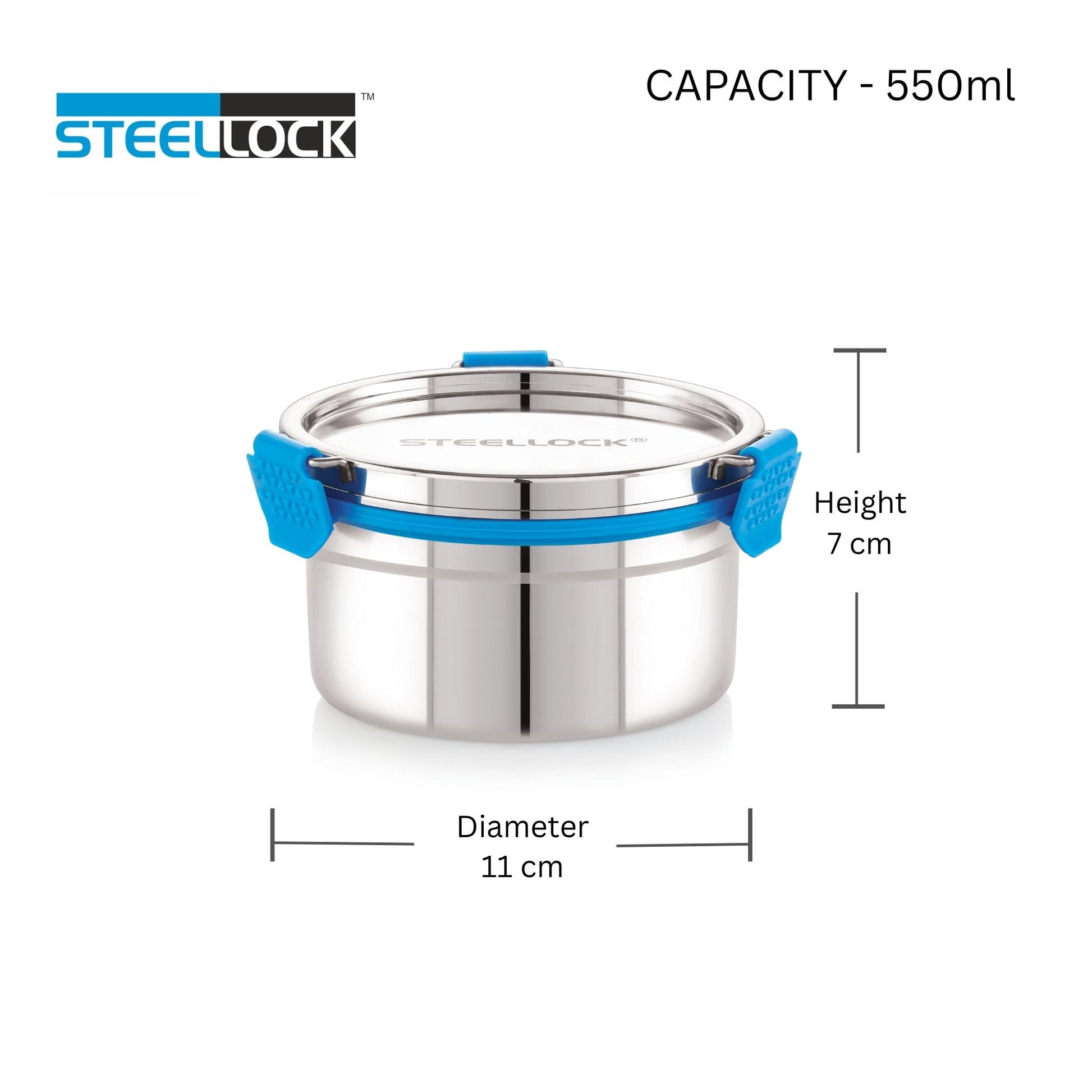 Stainless steel container with blue handles and Steellock branding, showing capacity and dimensions.