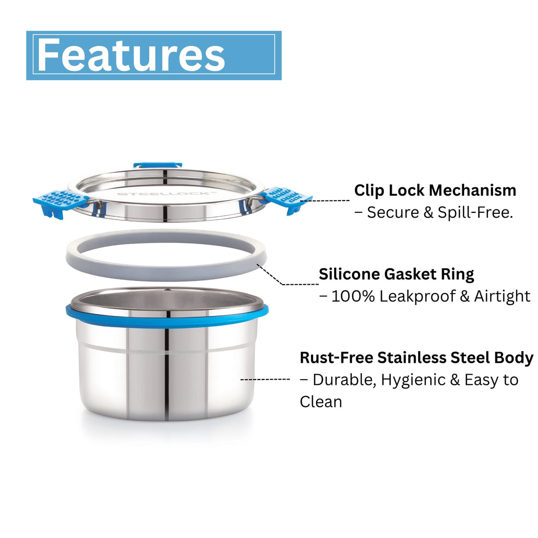 A stainless steel Steellock Pro container with a blue lid and handle, featuring a silicone seal and Steellock branding on the lid.