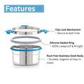 Stainless steel container with features highlighted on a white background