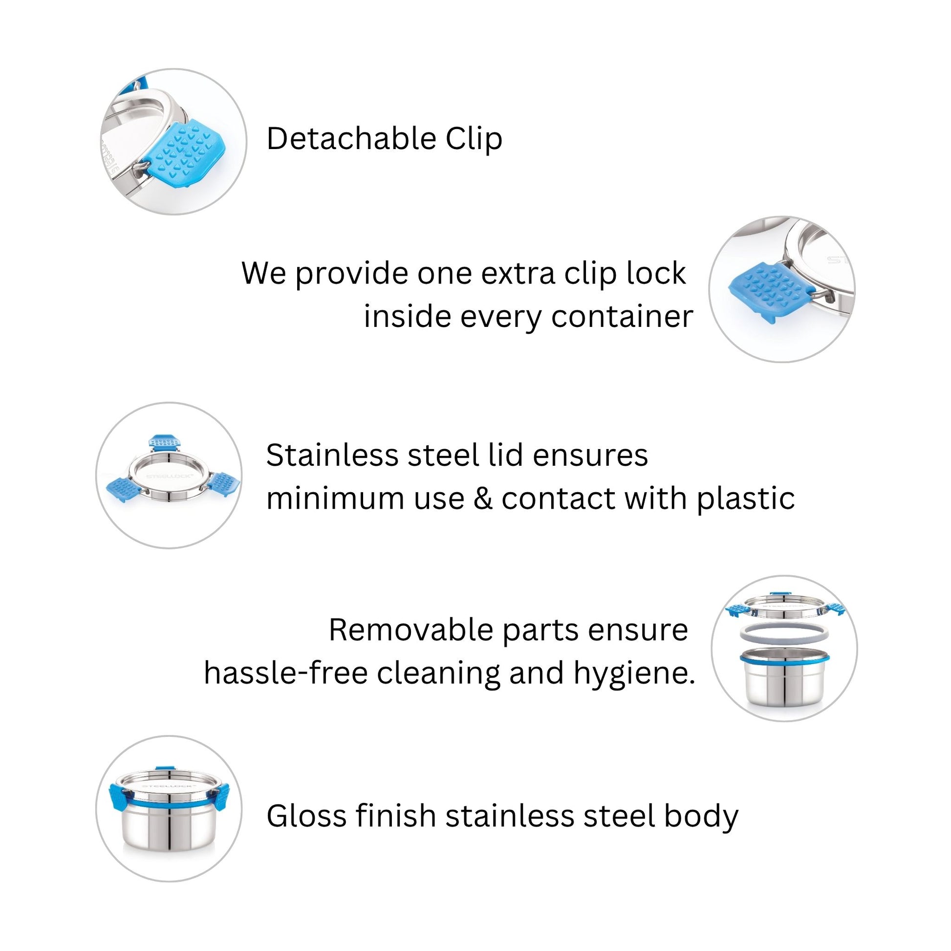 Product features with detachable clip, stainless steel lid, and removable parts on a white background.