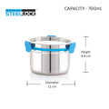 Stainless steel container with blue lid and Steellock branding, showing capacity and dimensions.