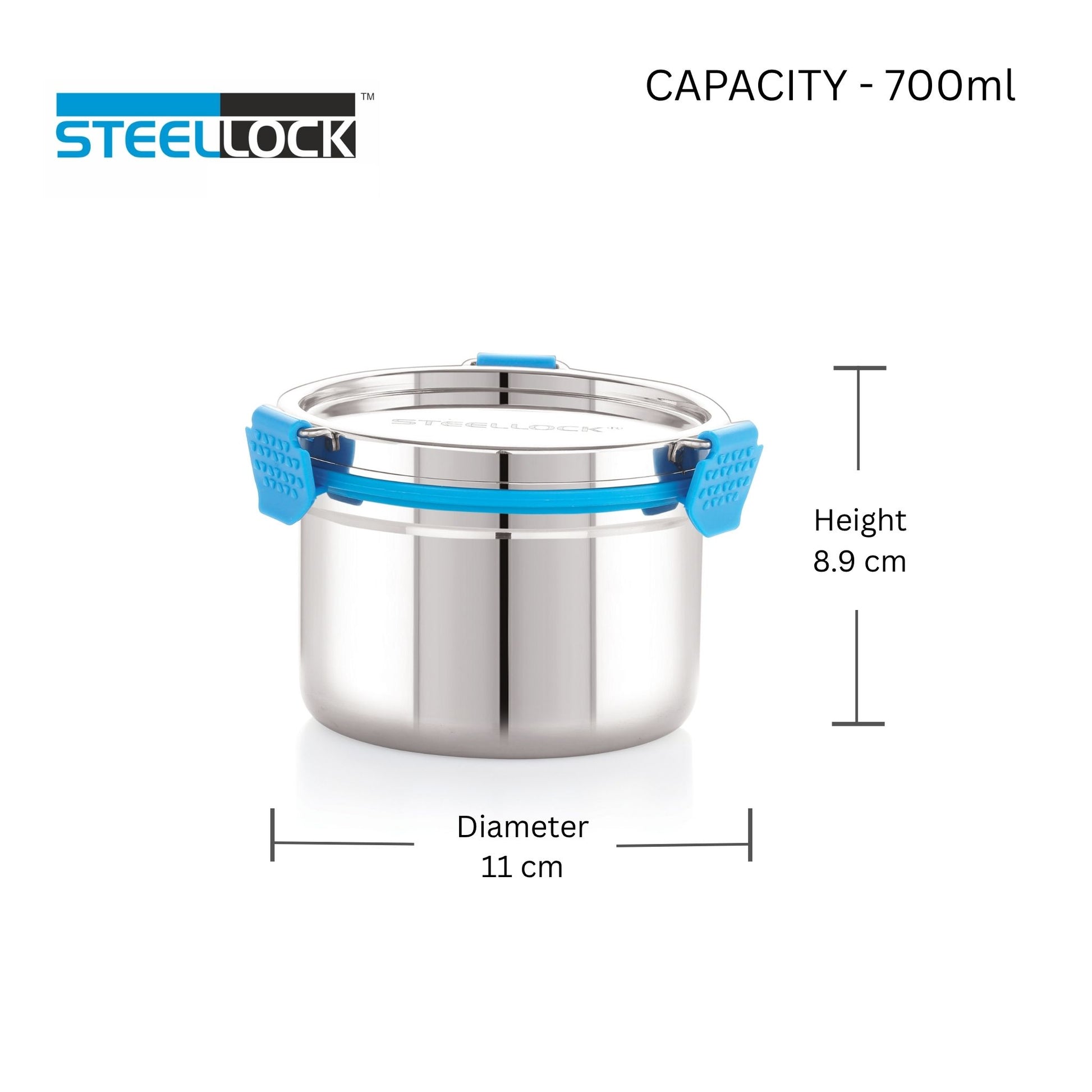 Stainless steel container with blue lid and Steellock branding, showing capacity and dimensions.