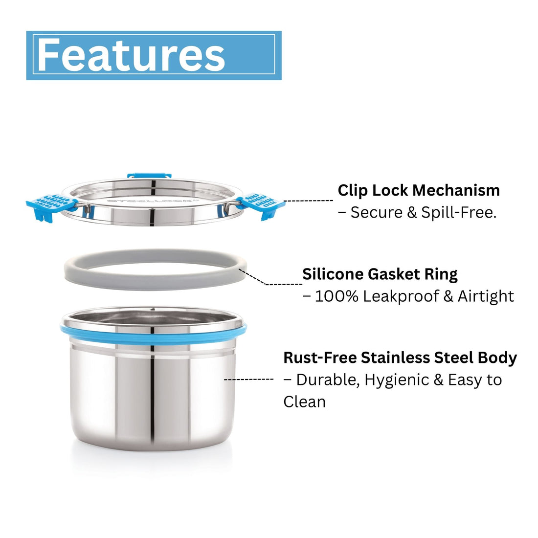 A stainless steel Steellock Pro airtight container