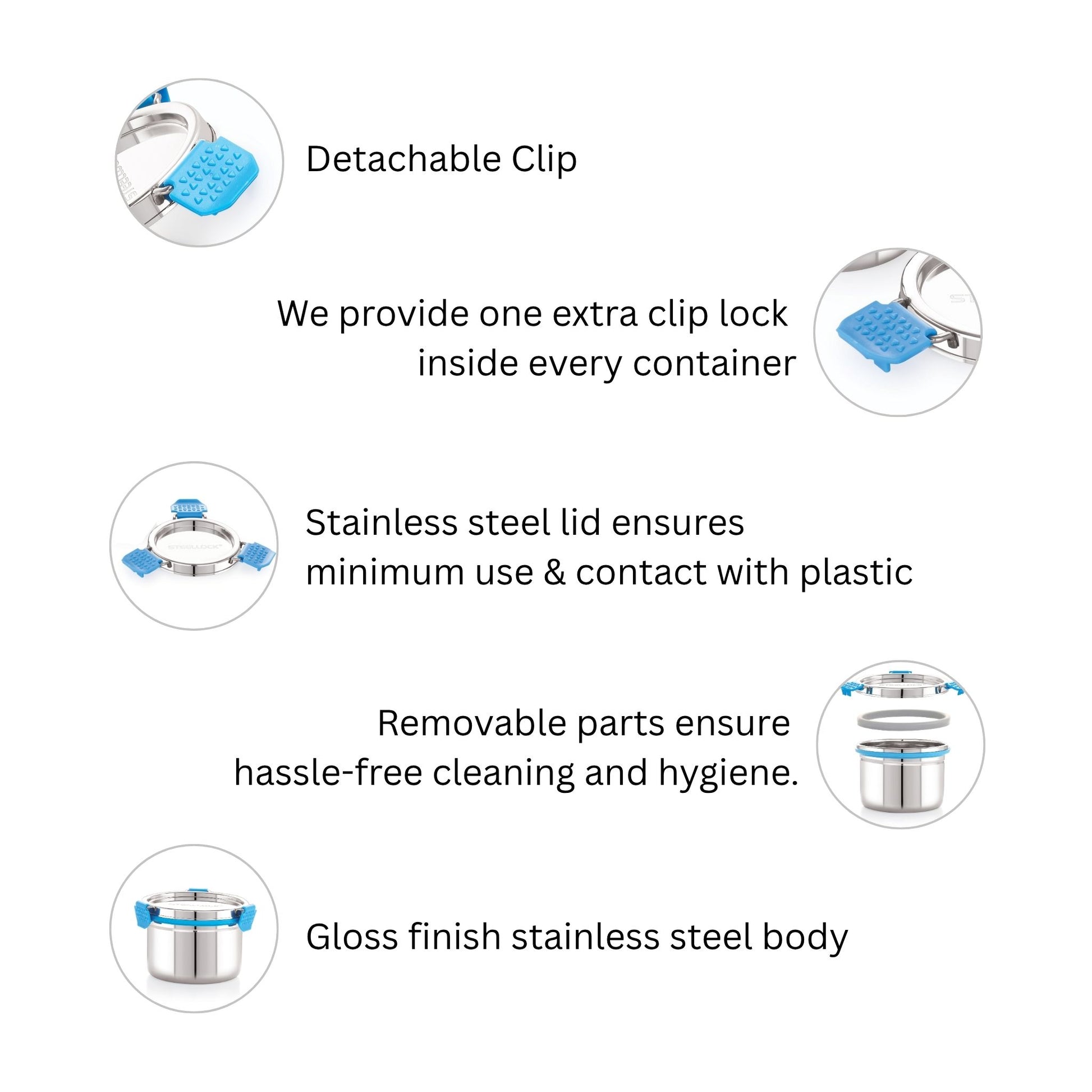 Product features with detachable clip, stainless steel lid, removable parts, and gloss finish on a white background.