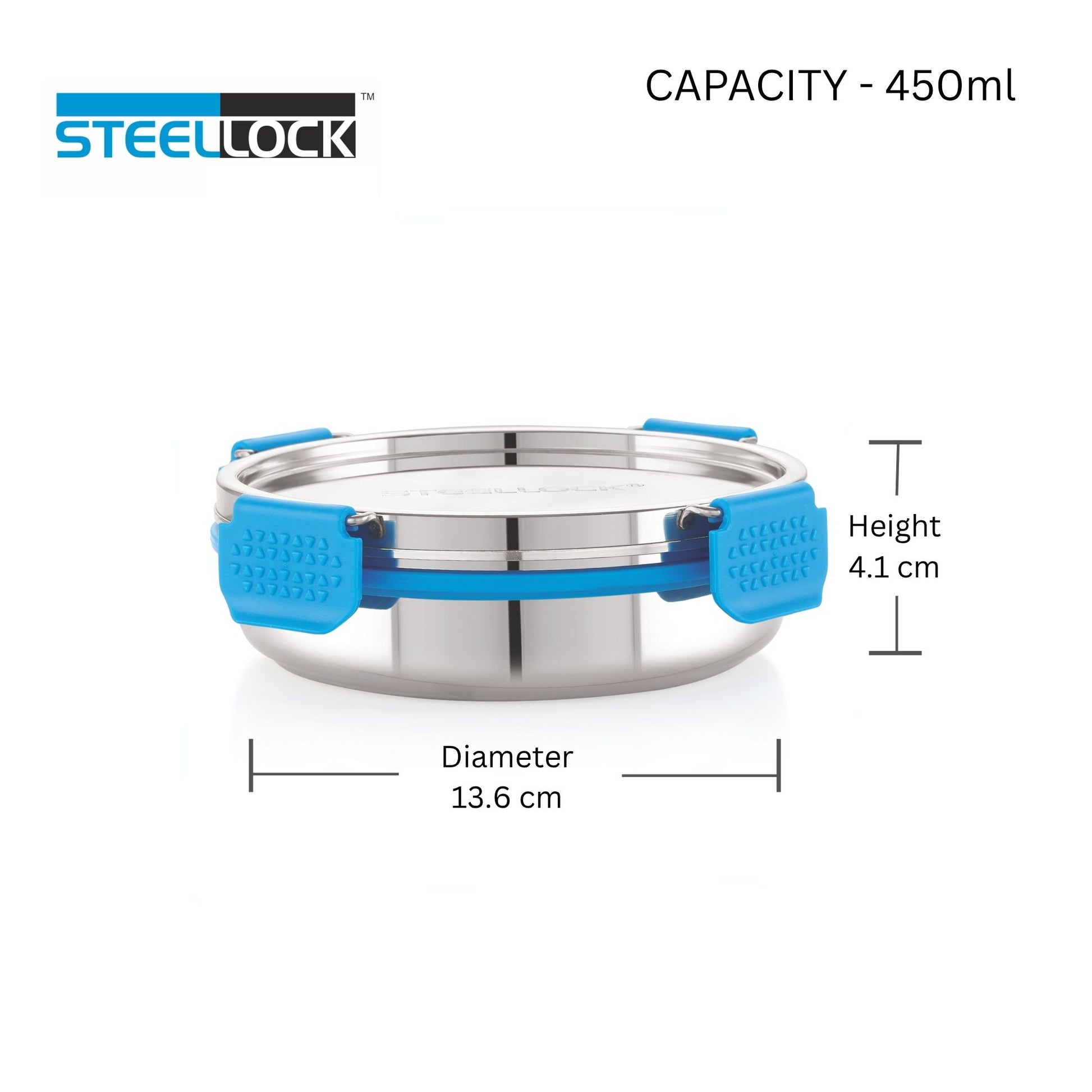 Stainless steel container with blue handles and measurements on a white background