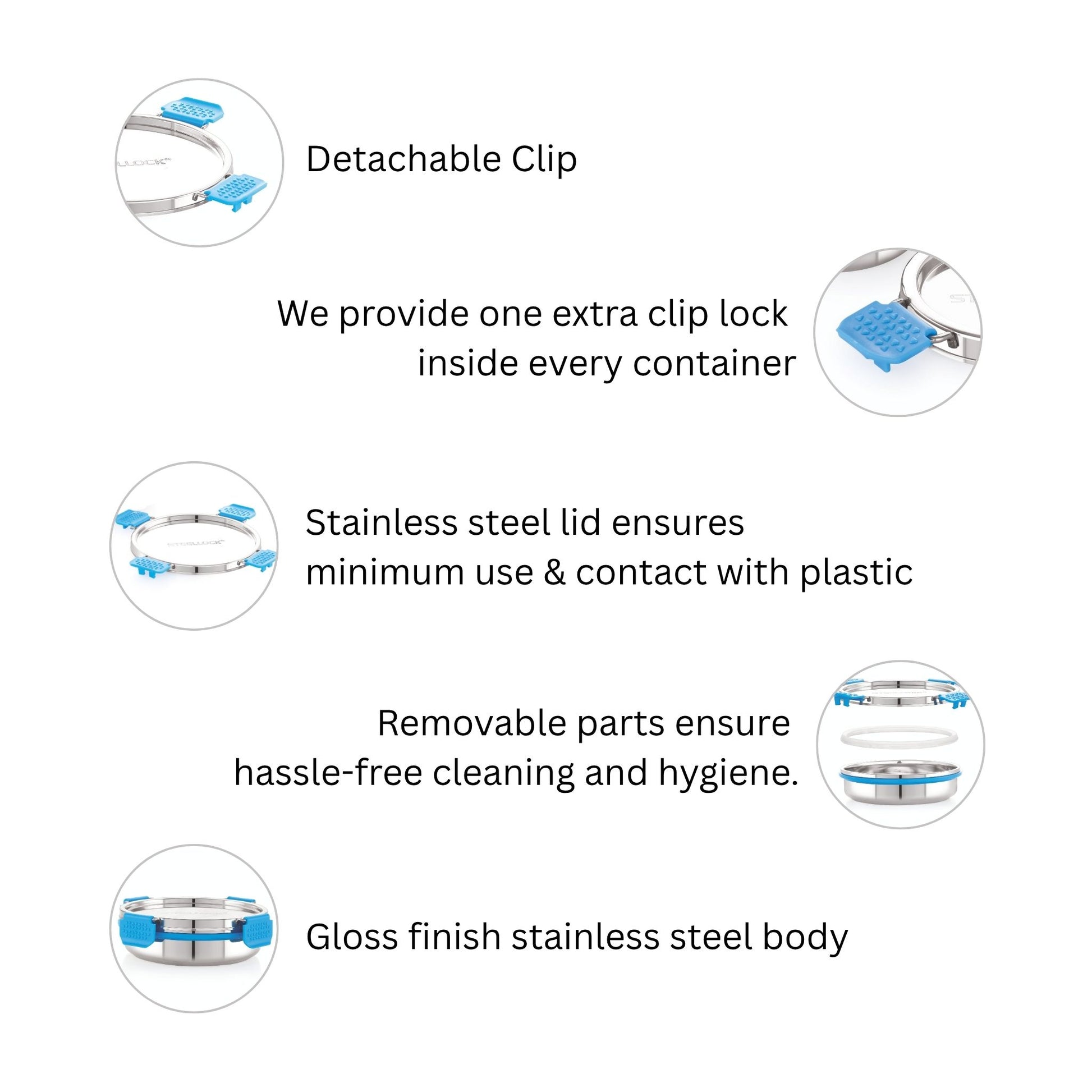 Product features with detachable clip, stainless steel lid, removable parts, and gloss finish on a white background.