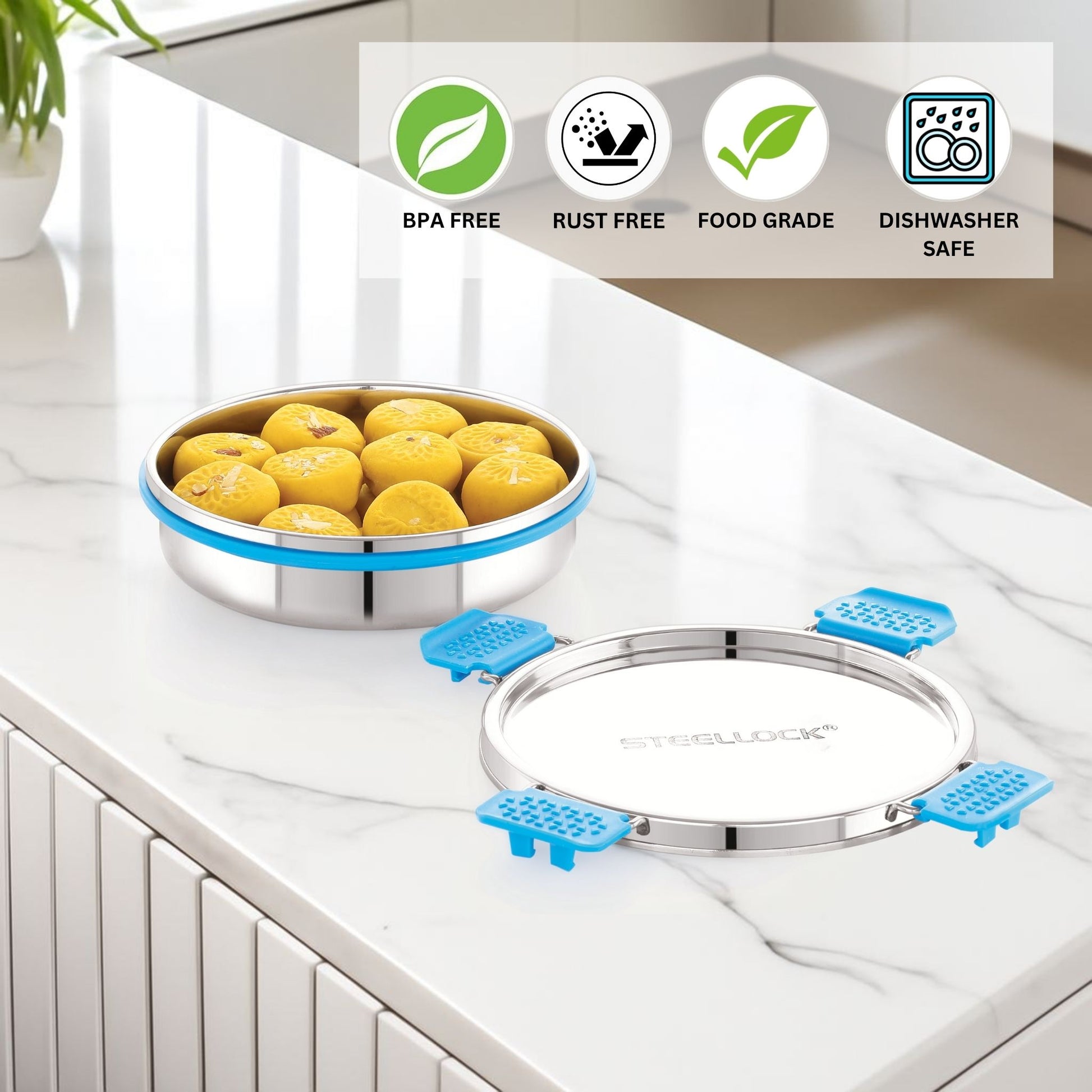 Stainless steel food container on a kitchen counter, featuring BPA-Free, Rust-Free, Food-grade and dishwasher safe