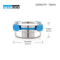Stainless steel container with blue handles and Steellock branding, showing capacity and dimensions.