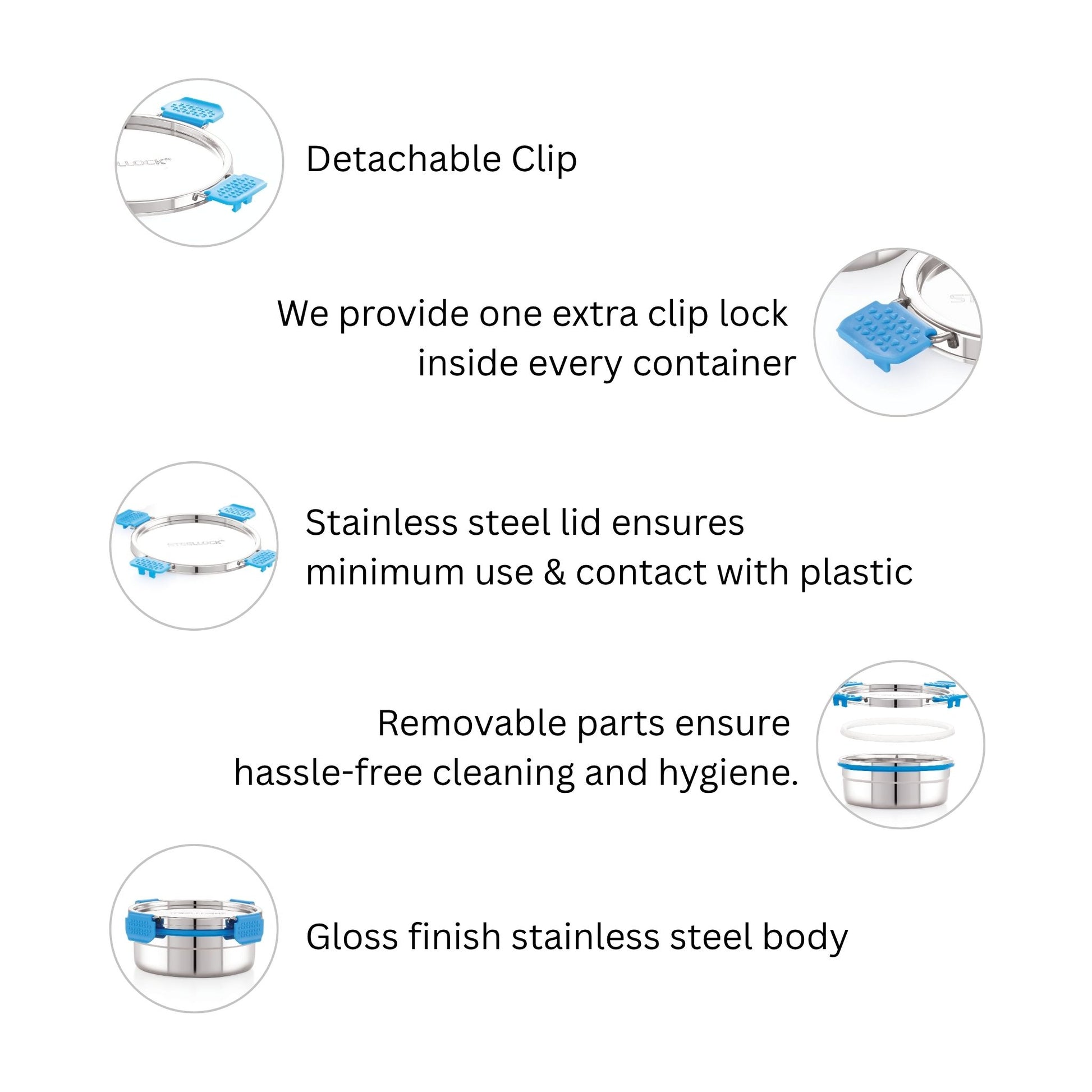 Product features with detachable clip, stainless steel lid, and removable parts on a white background.