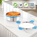 Stainless steel kitchen strainer with blue silicone seals on a white countertop, featuring BPA-free, rust-free, food-grade, and dishwasher-safe icons.