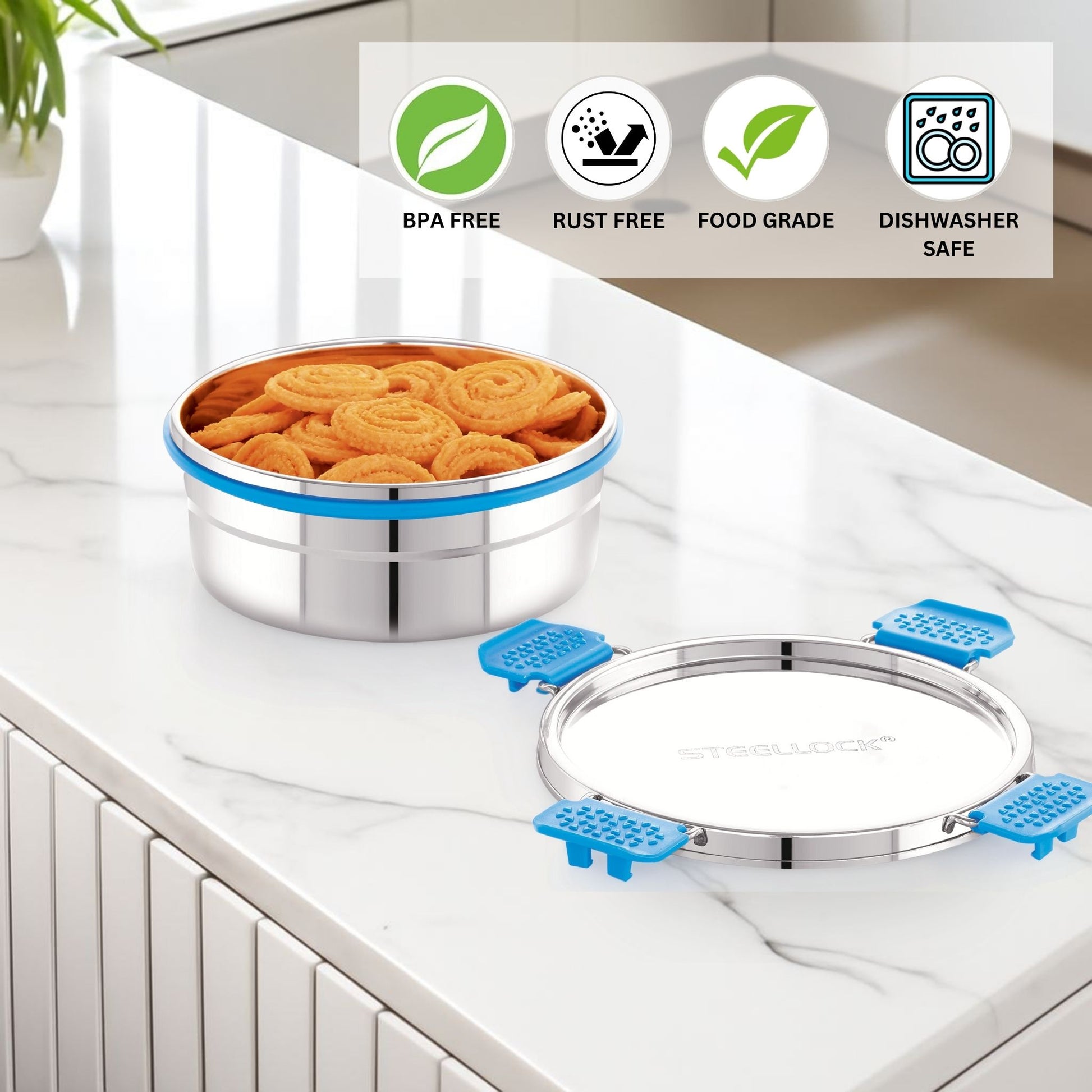Stainless steel kitchen strainer with blue silicone seals on a white countertop, featuring BPA-free, rust-free, food-grade, and dishwasher-safe icons.