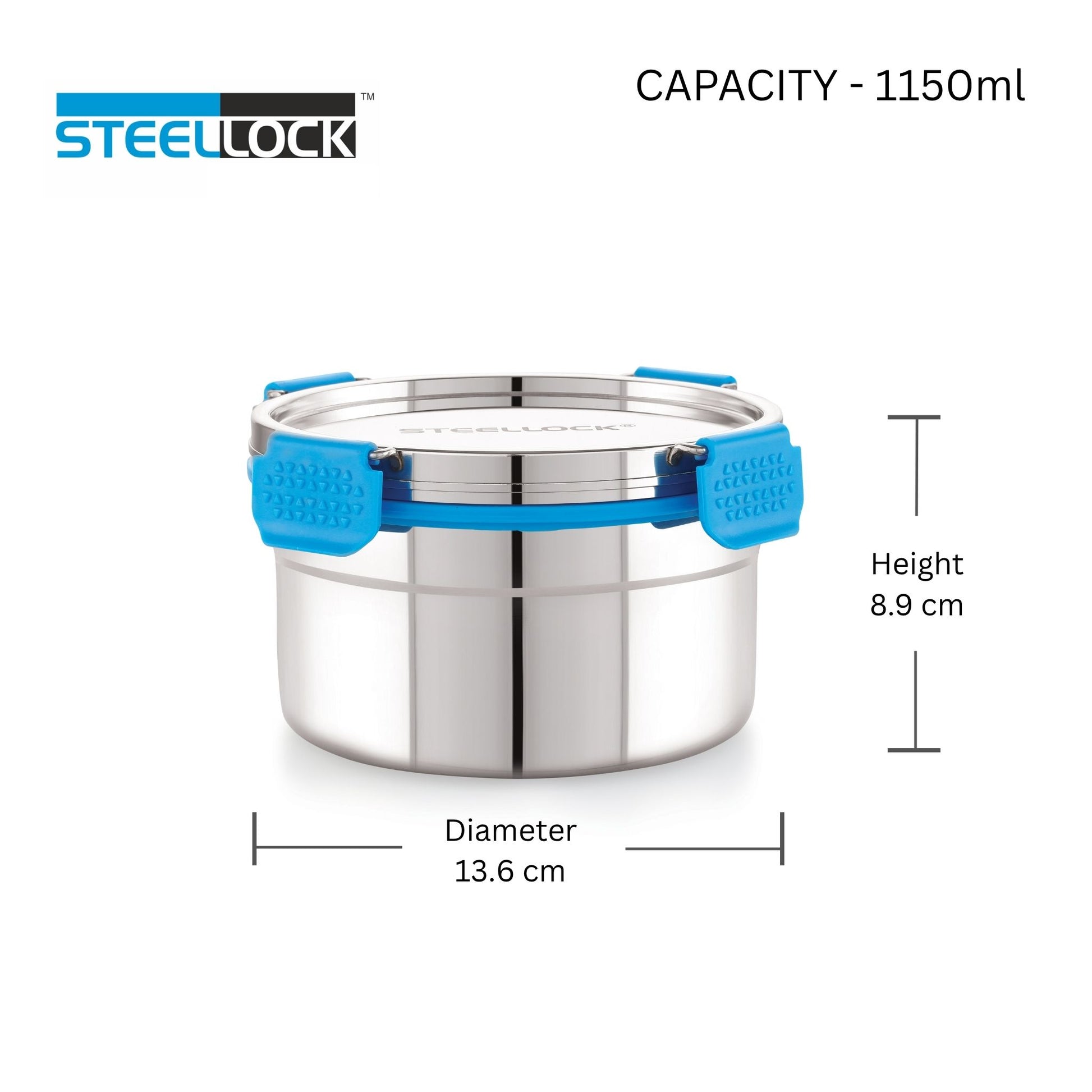 Stainless steel container with blue handles and Steellock branding, showing capacity and dimensions.