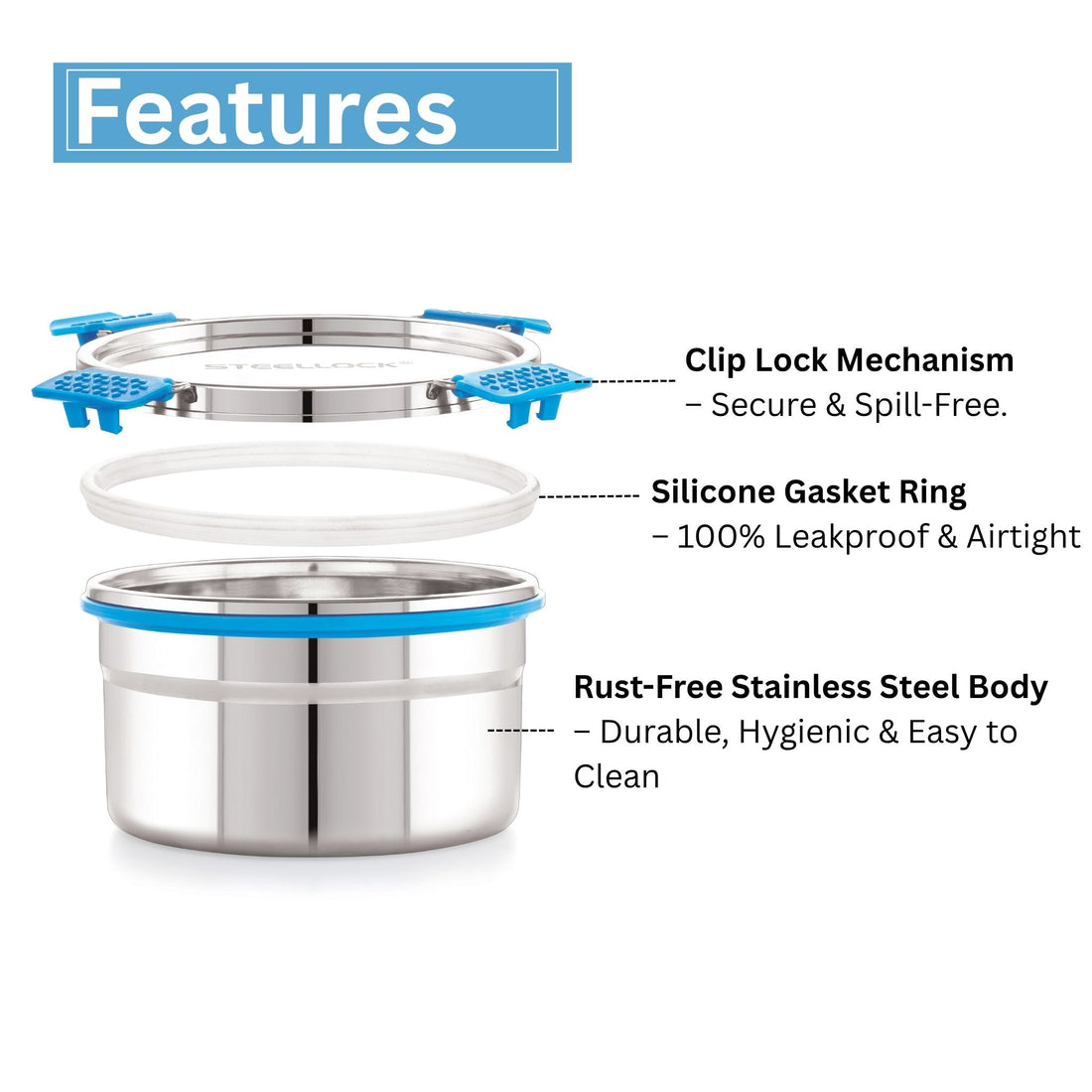 A stainless steel Steellock Pro container with a blue silicone seal lid and Steellock branding on the top.