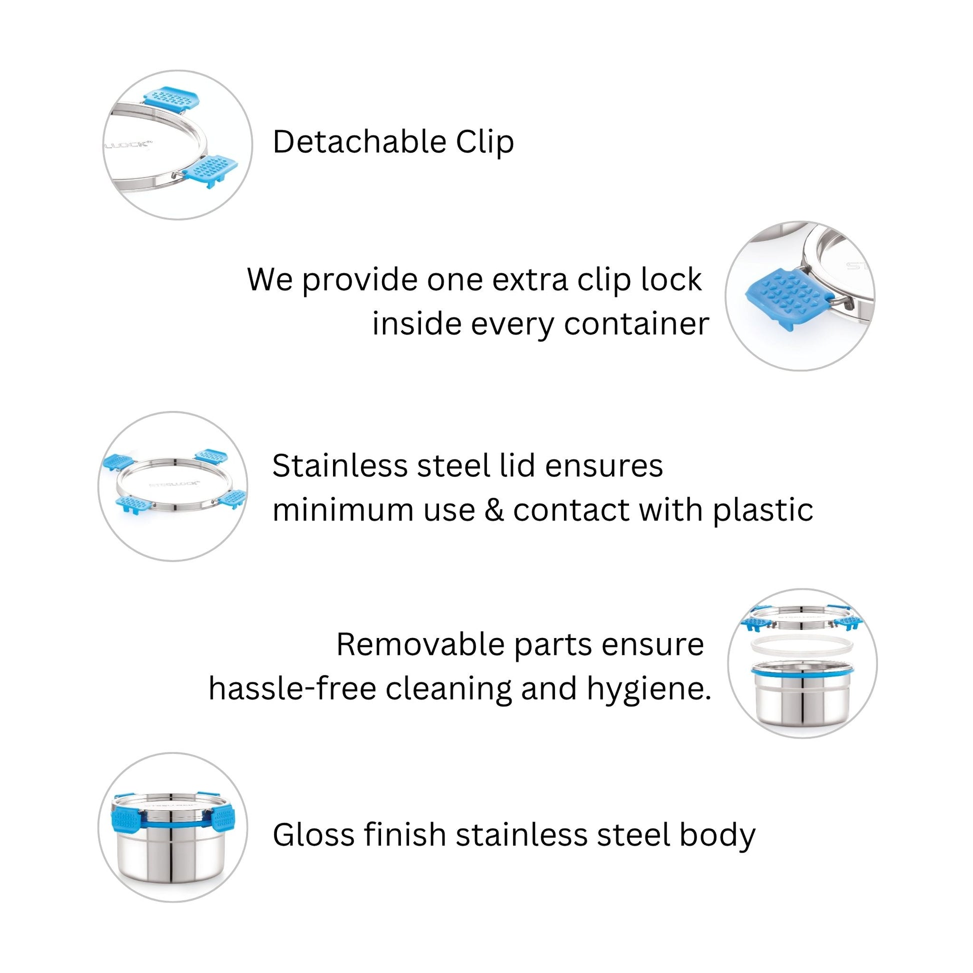 Product features with detachable clip, stainless steel lid, removable parts, and gloss finish on a white background.