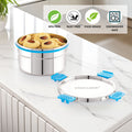 Stainless steel food container with cookies on a kitchen counter, featuring 'BPA Free', 'Rust Free', 'Food Grade', and 'Dishwasher Safe' icons.
