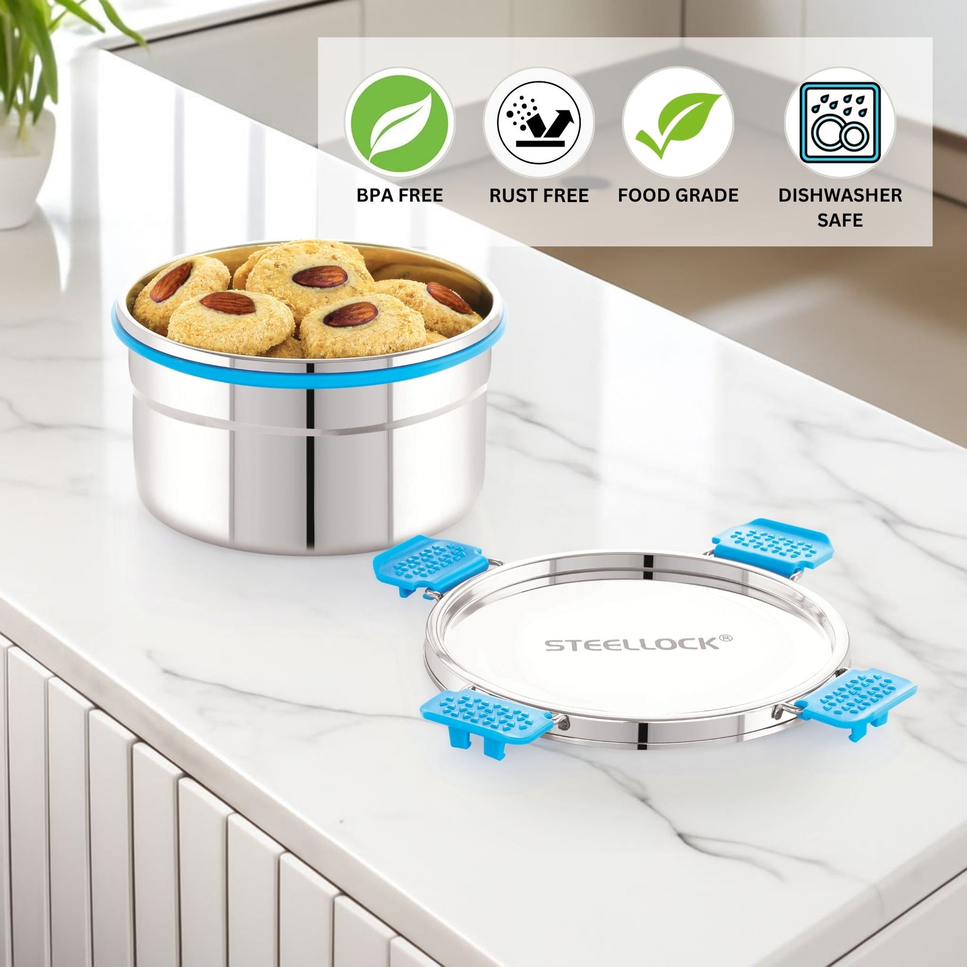 Stainless steel food container with cookies on a kitchen counter, featuring 'BPA Free', 'Rust Free', 'Food Grade', and 'Dishwasher Safe' icons.