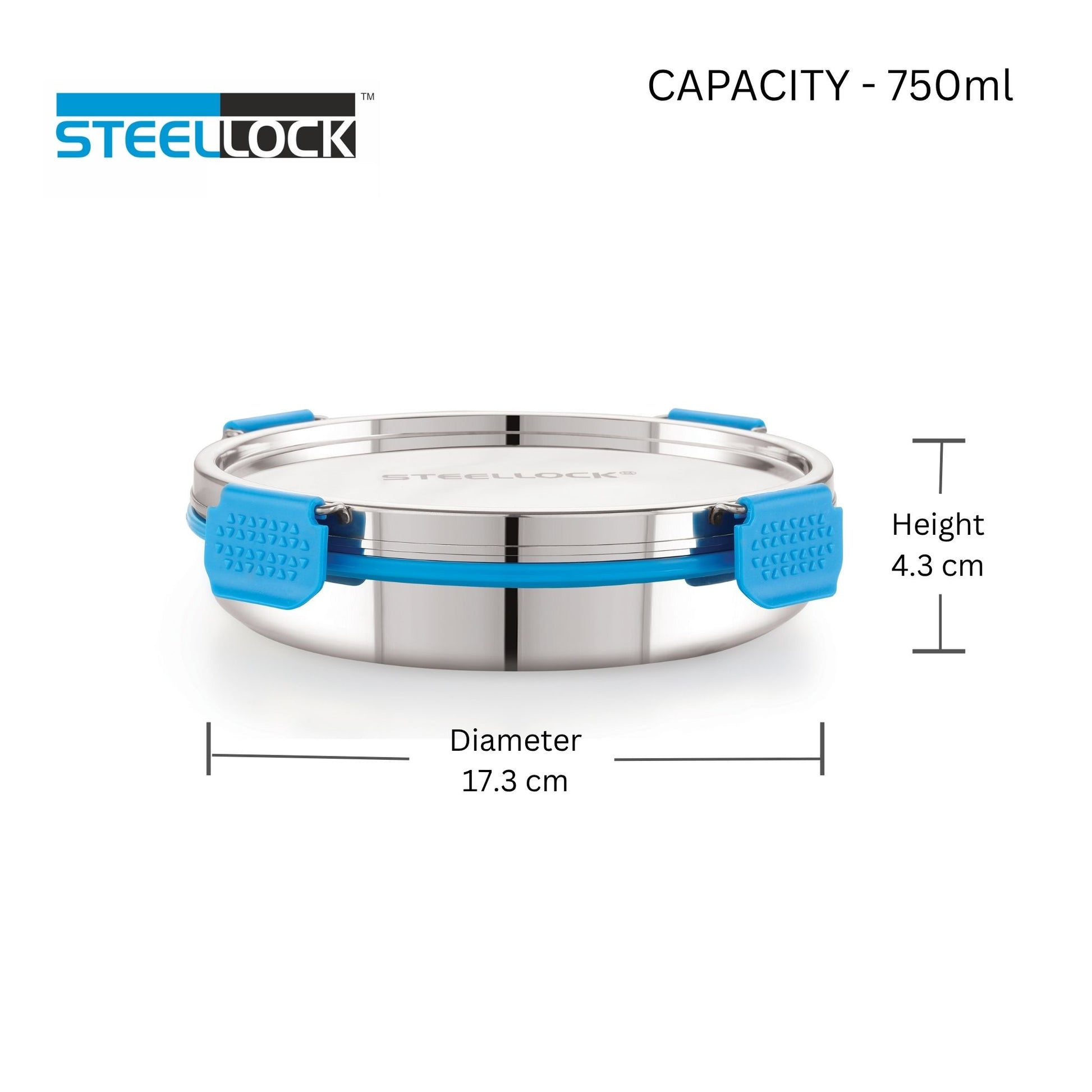 Stainless steel container with blue handles and Steellock branding, showing capacity and dimensions.